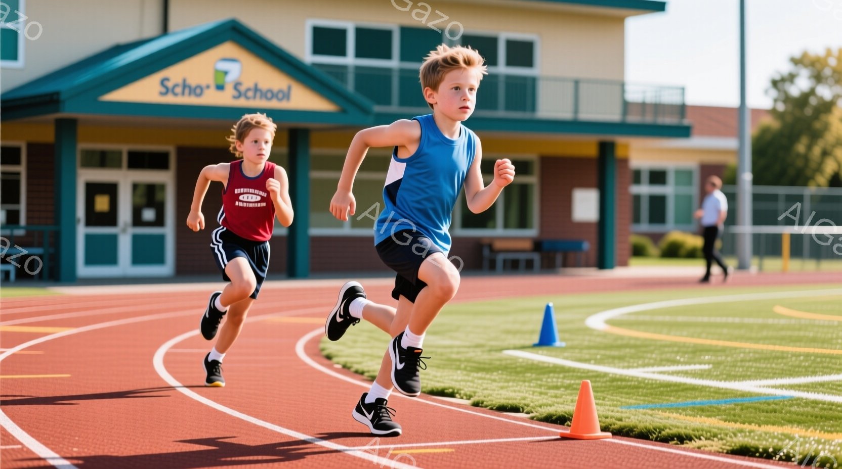 二人の少年がトラックを全力で走っている様子が写っている。片方の少年は赤と黒のシャツ、もう片方の少年は青いシャツに黒のショーツを着用し、どちらも黒のランニングシューズを履いている。背景には、緑の芝生と木々が見え、モダンなデザインの建物が立っており、晴天の下、活気に満ちた競技の雰囲気を感じさせる。