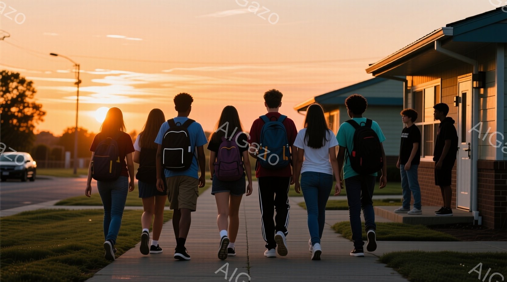 夕焼けの光が差し込む住宅街を、リュックを背負った若者たちが歩いている。彼らは皆、後ろ姿で、服装はカジュアルで、ジーンズやTシャツ、短パンなどを着用している。背景には、一軒家が並び、夕焼けが空をオレンジ色に染め上げ、穏やかでノスタルジックな雰囲気を醸し出している。