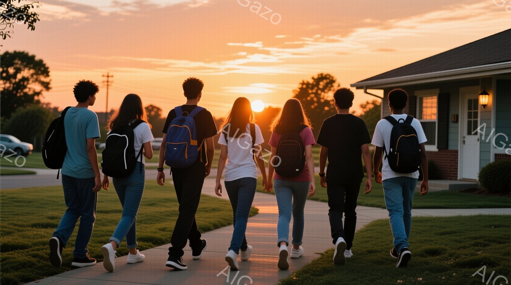 6人の若者が歩道を歩いており、皆バックパックを背負っている。彼らは皆、カジュアルな服装で、ジーンズとTシャツを着ている。背景には住宅と緑豊かな芝生があり、夕焼けの暖かい光が全体を包み込み、穏やかでノス - AI生成フリー素材