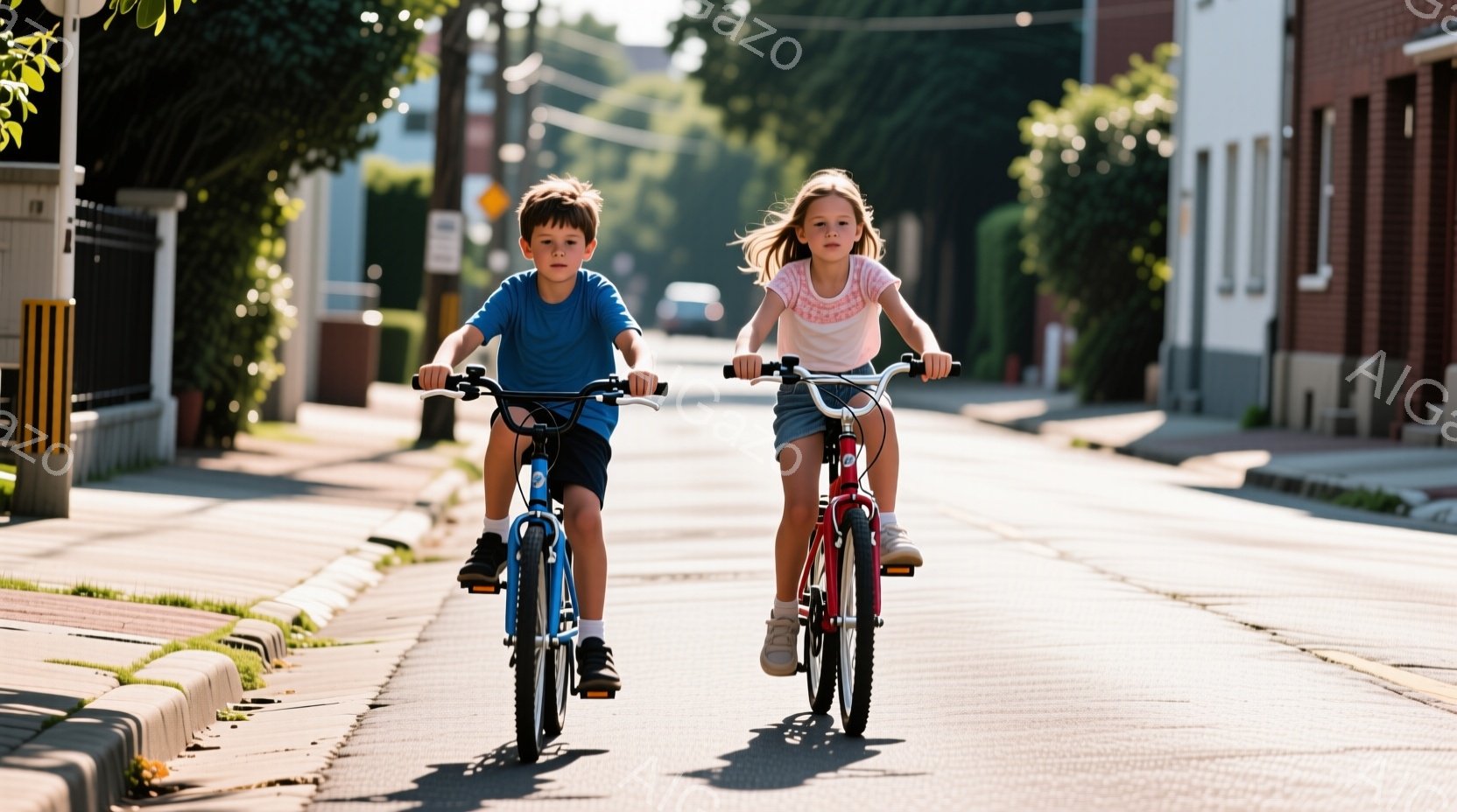 少年と少女が自転車に乗って舗装された通りをまっすぐ進んでいます。少年は青いTシャツと短パン、少女はピンクのTシャツと紺色の短パンを着ており、二人とも髪が風になびいています。背景には、レンガ造りの建物や木々が見え、晴天で明るい日差しが差し込み、活気ある夏の雰囲気を感じさせます。