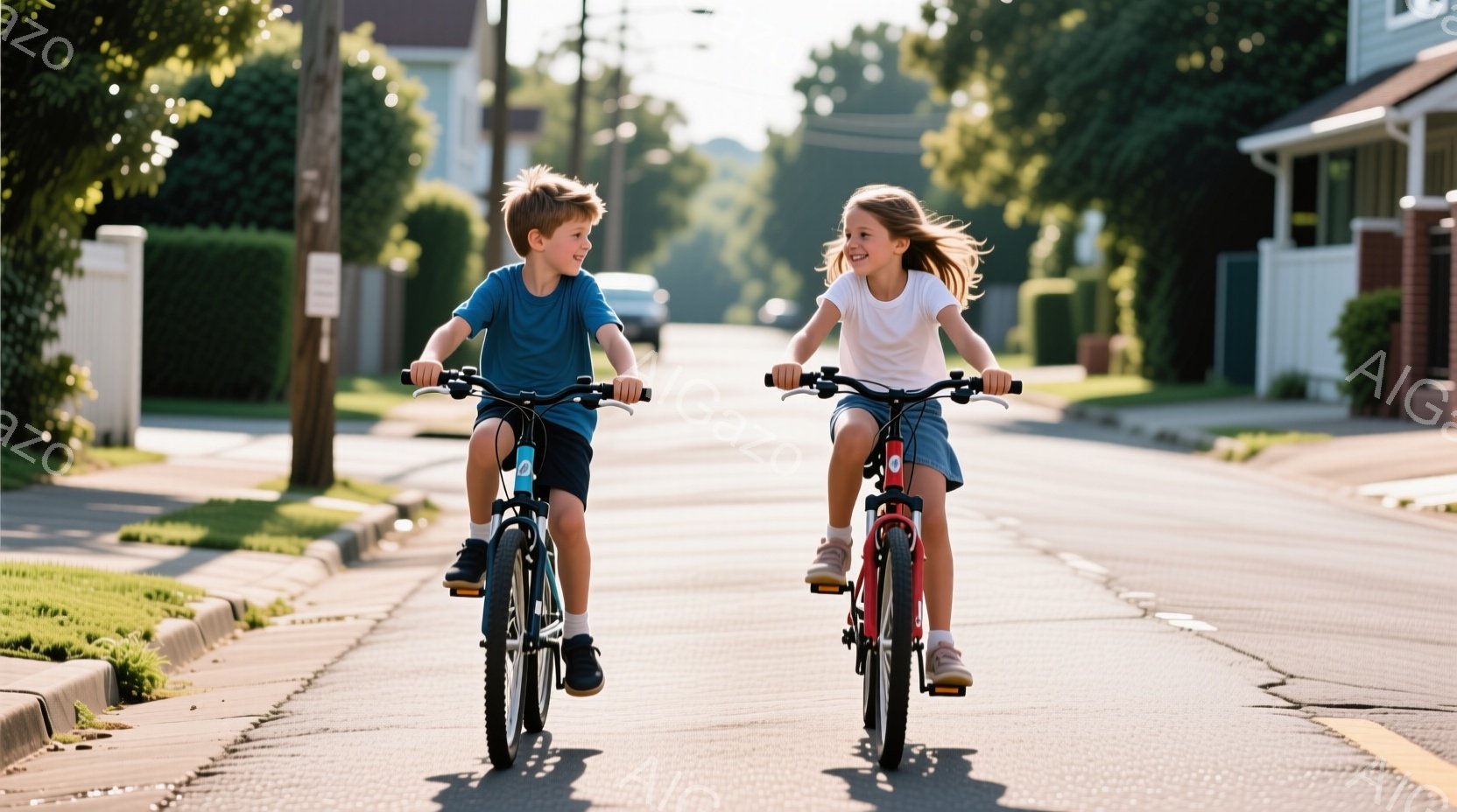 少年と少女が、それぞれ自転車に乗り、道路の中央を向かい合って走っている。少年は青いTシャツを着ており、髪は短く、笑顔で前を見ている。少女は白いTシャツを着て髪を後ろで結び、嬉しそうに自転車を走らせてい - AI生成フリー素材