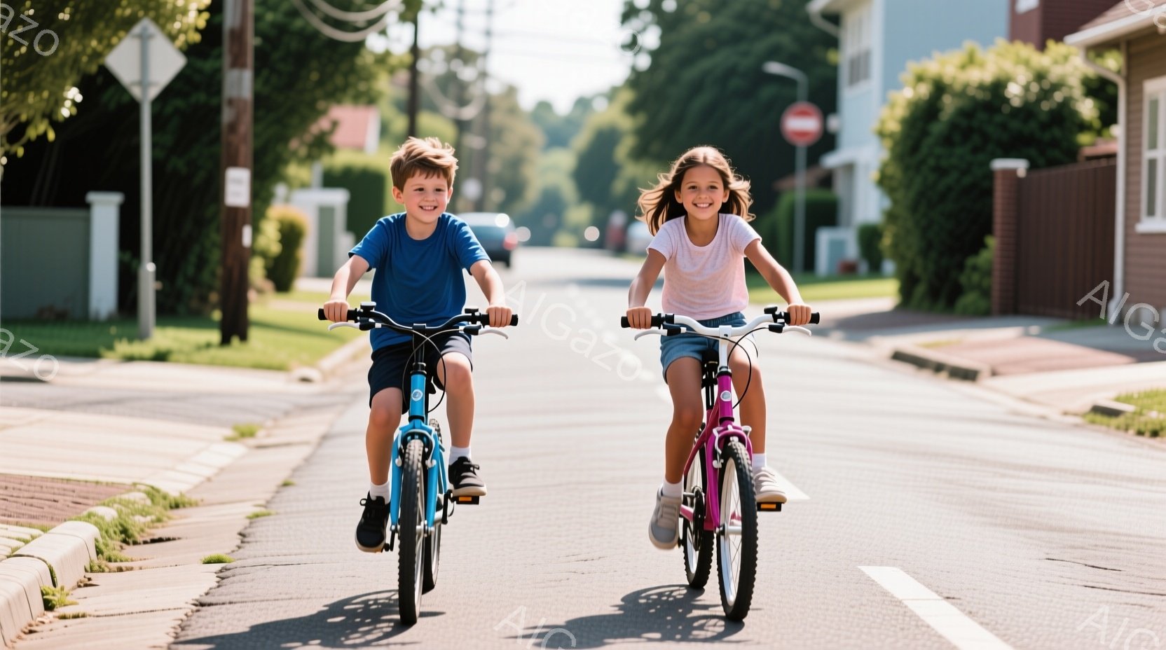 二人の子供が、住宅街の道路を自転車で走っている様子が写っている。少年は青いTシャツと短いズボンを身につけ、短い茶色の髪をしている。少女はピンク色のTシャツとジーンズのショートパンツを着用し、髪は後ろで - AI生成フリー素材