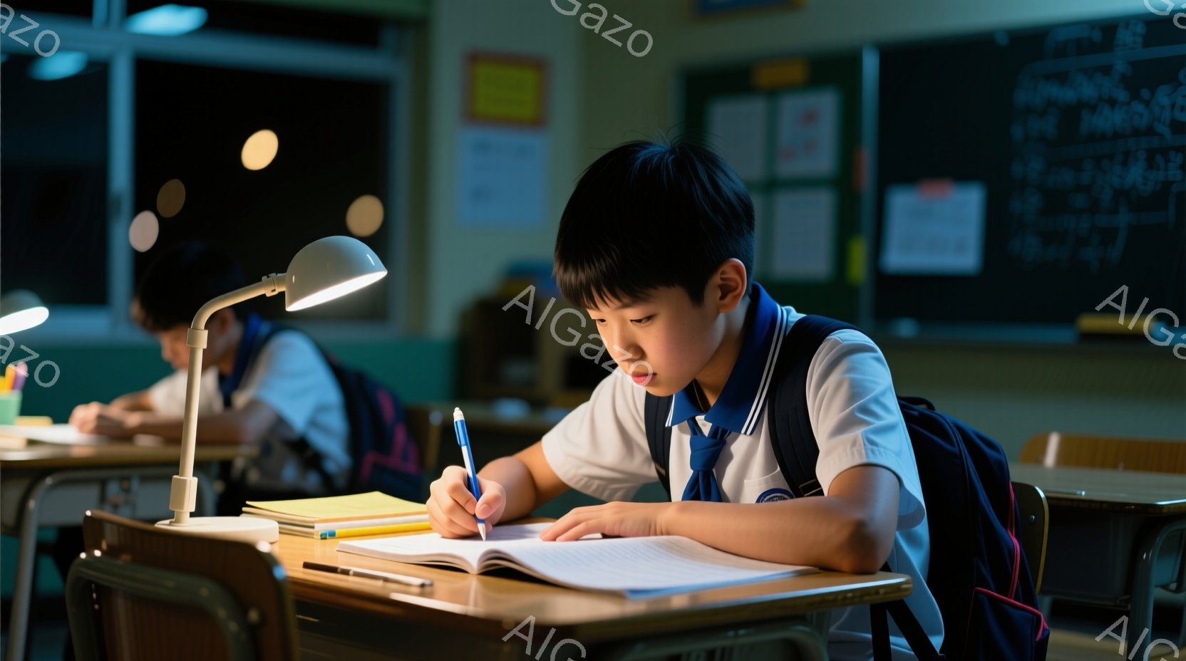 制服を着た少年が机に向かって宿題をしている様子が写っている。彼は短い黒髪で、真剣な表情でノートにペンで書き込んでいる。教室の奥には他の生徒もいるが、少年は勉強に集中しており、集中した雰囲気である。 - AI生成フリー素材
