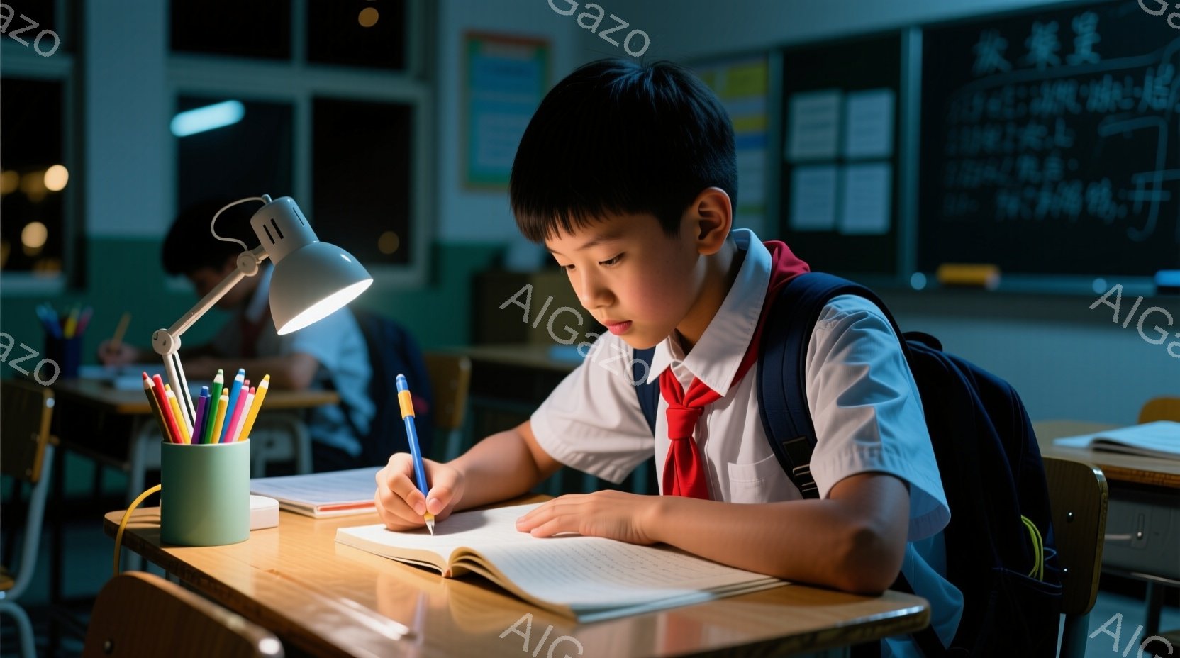 少年は机に向かい、集中して勉強をしている。制服を着ており、赤いネクタイと短髪が特徴的だ。教室の奥には他の生徒が座っており、暗い中、机の上のランプだけが少年の勉強を照らしている。 - AI生成フリー素材