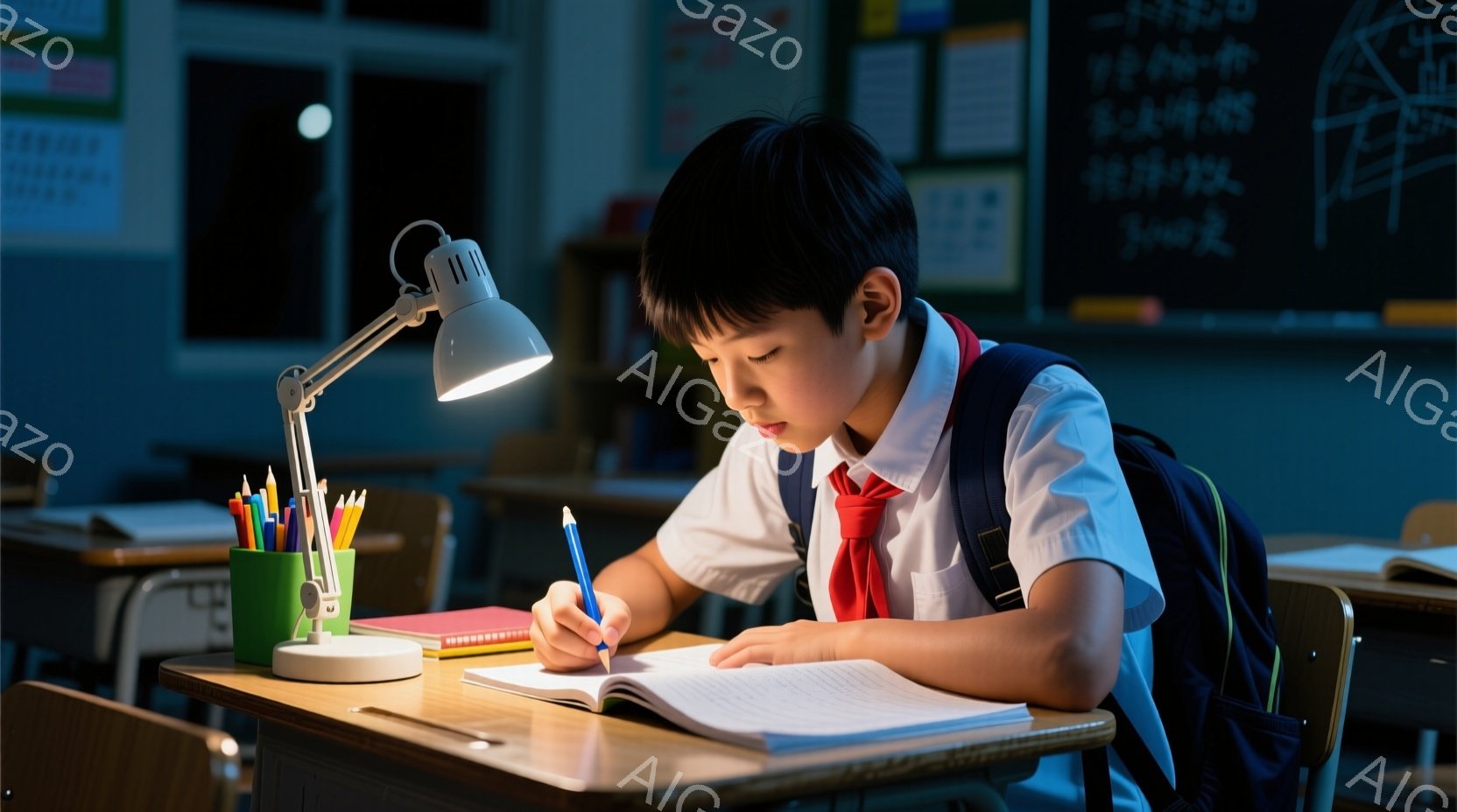 男の子が机に向かって勉強している様子が描かれている。彼は制服にネクタイ、短い黒髪で、集中して問題に取り組んでいるようだ。背景には教室の机と椅子が並び、黒板には文字が書かれており、夜遅くまで学習に励む真剣な雰囲気が漂っている。