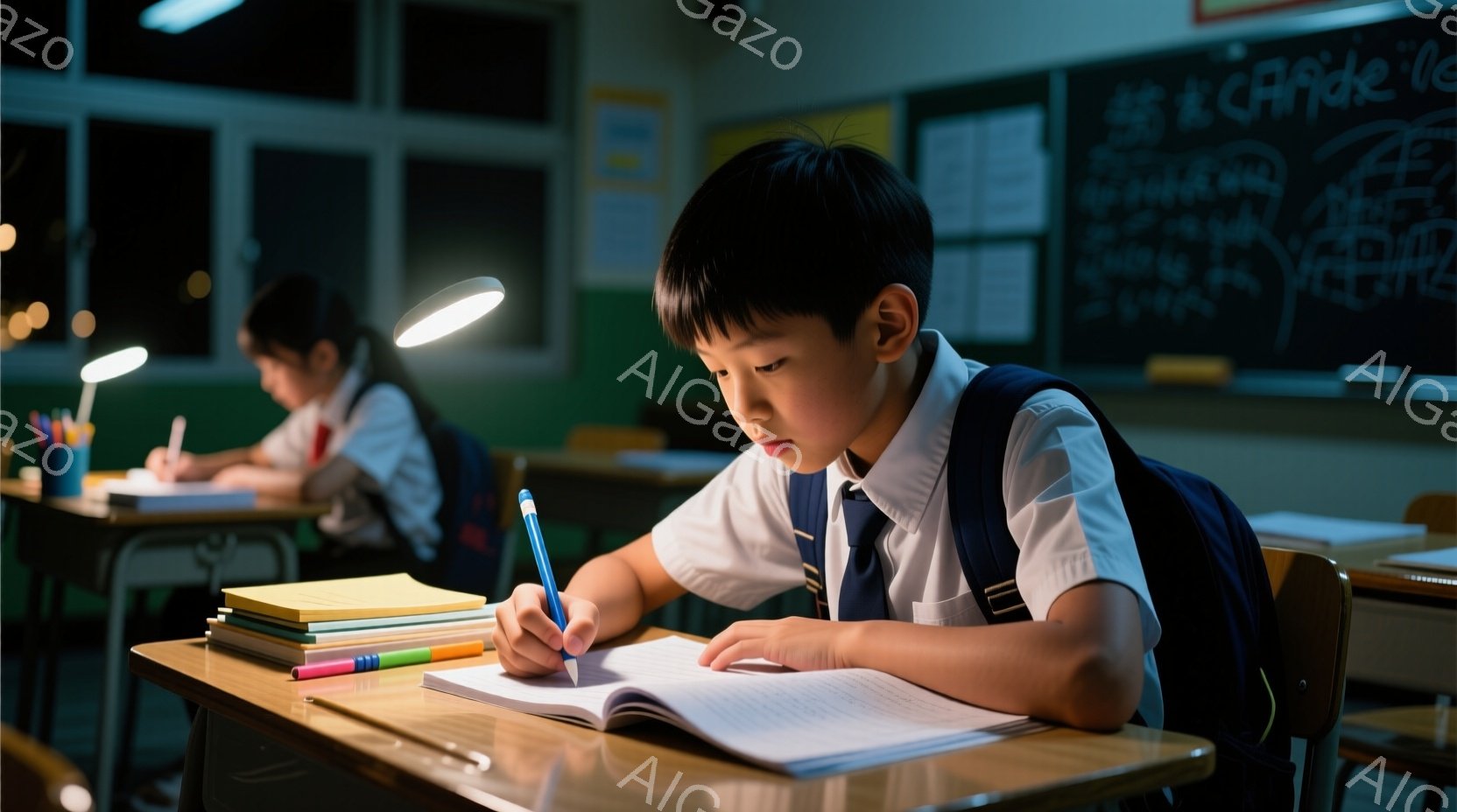 男の子が机に向かって宿題をしている様子が描かれています。彼は制服を着ており、短髪で集中した表情をしています。背景には他の生徒や黒板が見え、教室の夜の静かな雰囲気が伝わってきます。