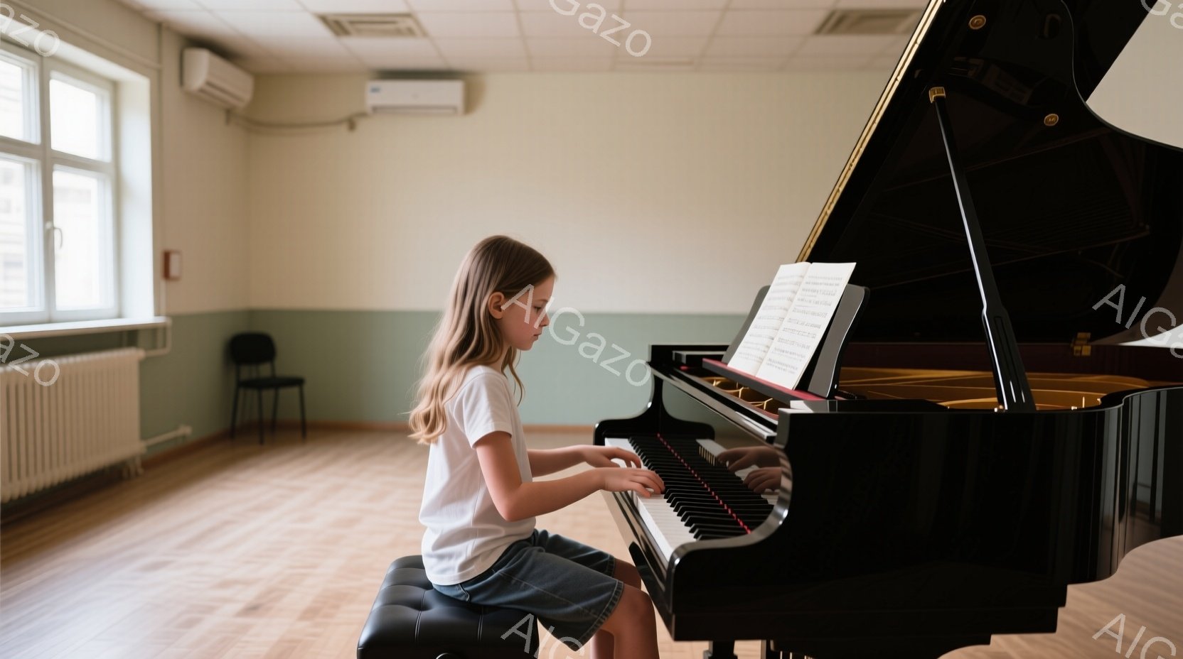 若い女の子が黒いグランドピアノを弾いています。彼女は白いTシャツと水色のスカートを着ており、髪は長く、後ろで緩くまとめています。室内は明るく、木製の床と薄い緑色の壁があり、窓から自然光が入っています。
