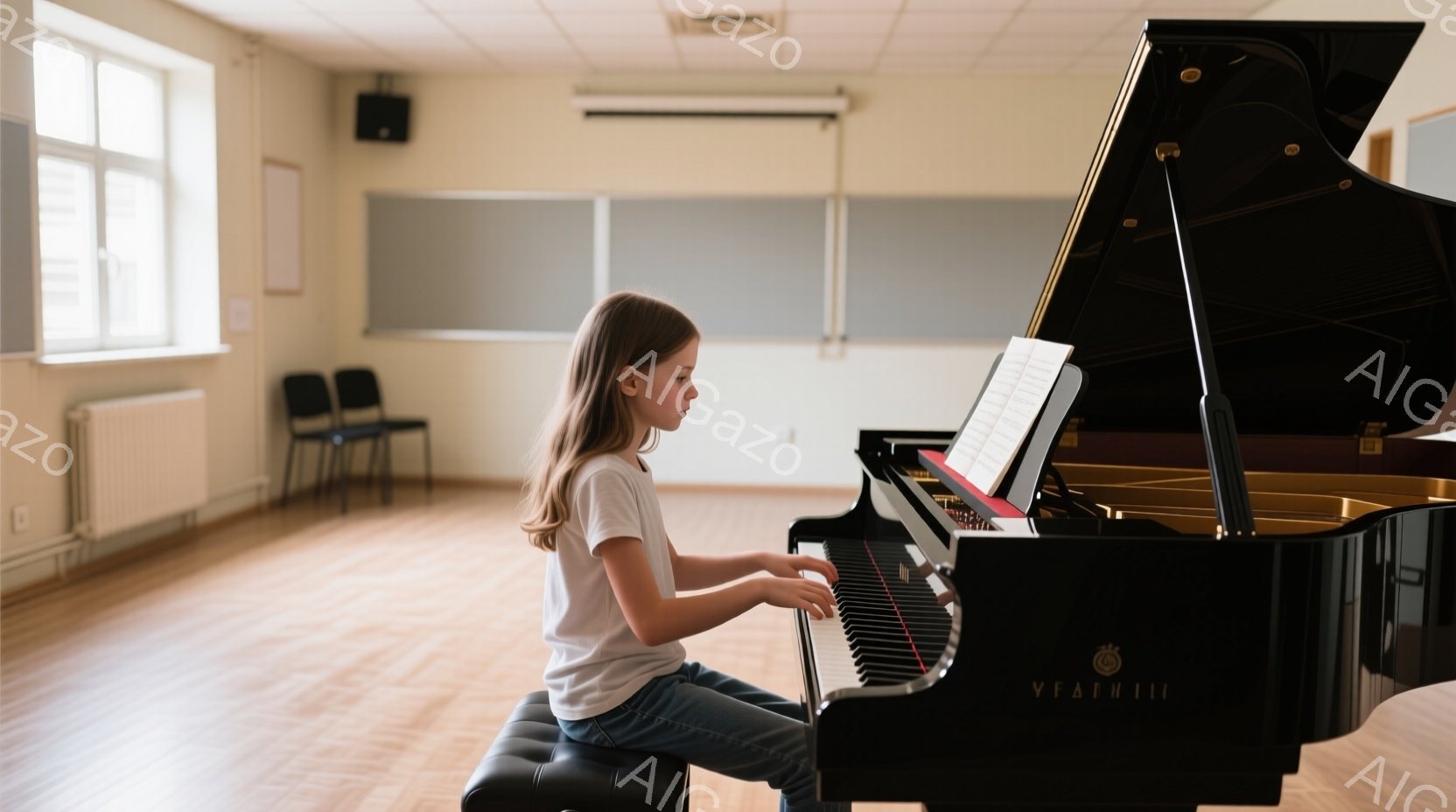 明るい部屋で、若い女の子が黒いピアノを弾いています。彼女は白いTシャツとジーンズを着ており、髪は後ろで結ばれています。姿勢はピアノに集中して真剣で、楽譜を見ながら鍵盤に向かっています。