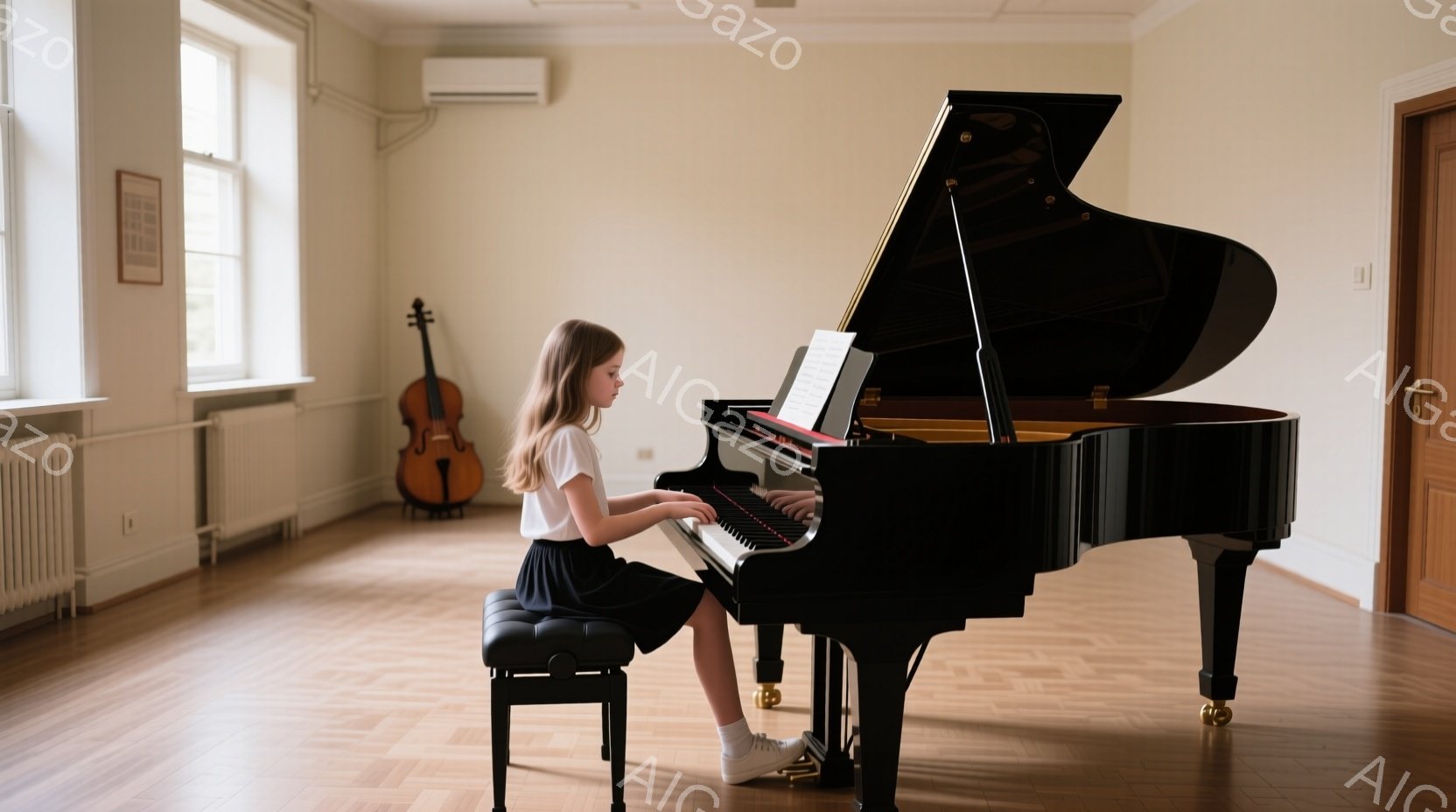 白いブラウスと黒いスカートを着た少女が、黒いグランドピアノを弾いています。彼女は背筋を伸ばして座り、集中した表情で鍵盤を見つめています。背景にはバイオリンが置かれ、明るい木製の床と白い壁が部屋全体を穏 - AI生成フリー素材