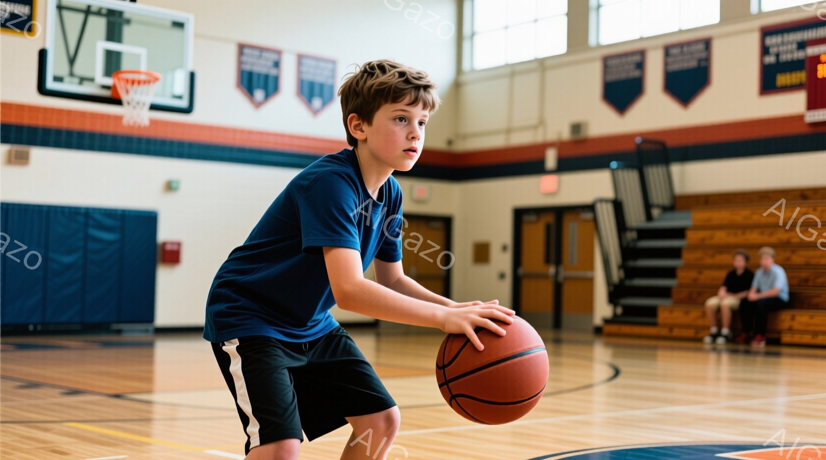 若い少年がバスケットボールを持ってドリブルしている姿が写っています。彼は濃い青色のTシャツと黒い短パンを着ており、少しカールした茶色の髪をしています。背景には体育館の観客席と壁があり、明るく広い空間が広がっています。
