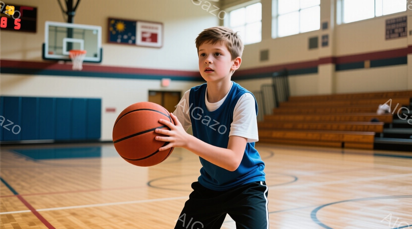少年は屋内バスケットボールコートでオレンジ色のバスケットボールを両手で構えています。青いタンクトップと黒いショーツを着ており、短くブロンドの髪をしています。背景には、観客席、バスケットゴール、そして明るい室内光が見えます。