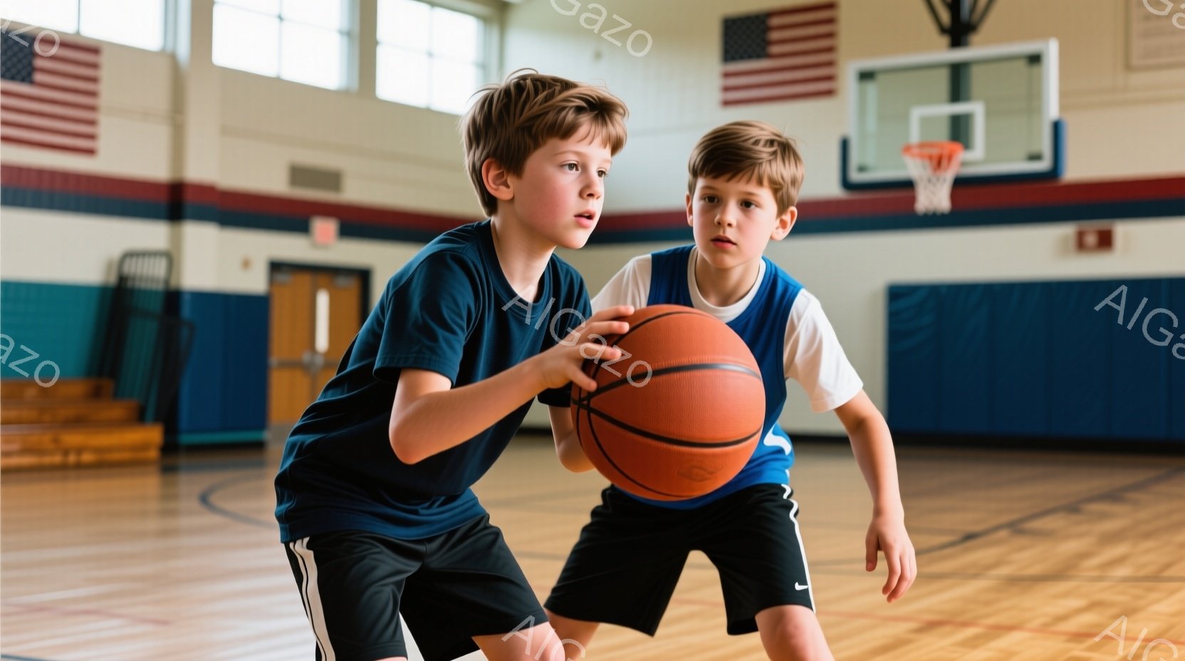 二人の少年がバスケットボールコートでバスケットボールを扱っている。少年たちはスポーツウェアを着ており、片方は青いシャツと黒いショーツ、もう片方は白いシャツと黒いショーツを着ている。彼らは膝を曲げており - AI生成フリー素材