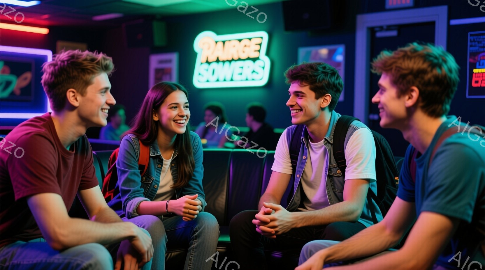 4人の若者が親しげに座って楽しそうに笑い合っています。女性はデニムジャケットとジーンズを着ており、長い茶色の髪をしています。男性たちはTシャツとジーンズを着用しており、カジュアルな服装でリラックスした雰囲気を醸し出しています。背景にはネオンサインや他の人々が見え、薄暗い室内で活気のある雰囲気です。