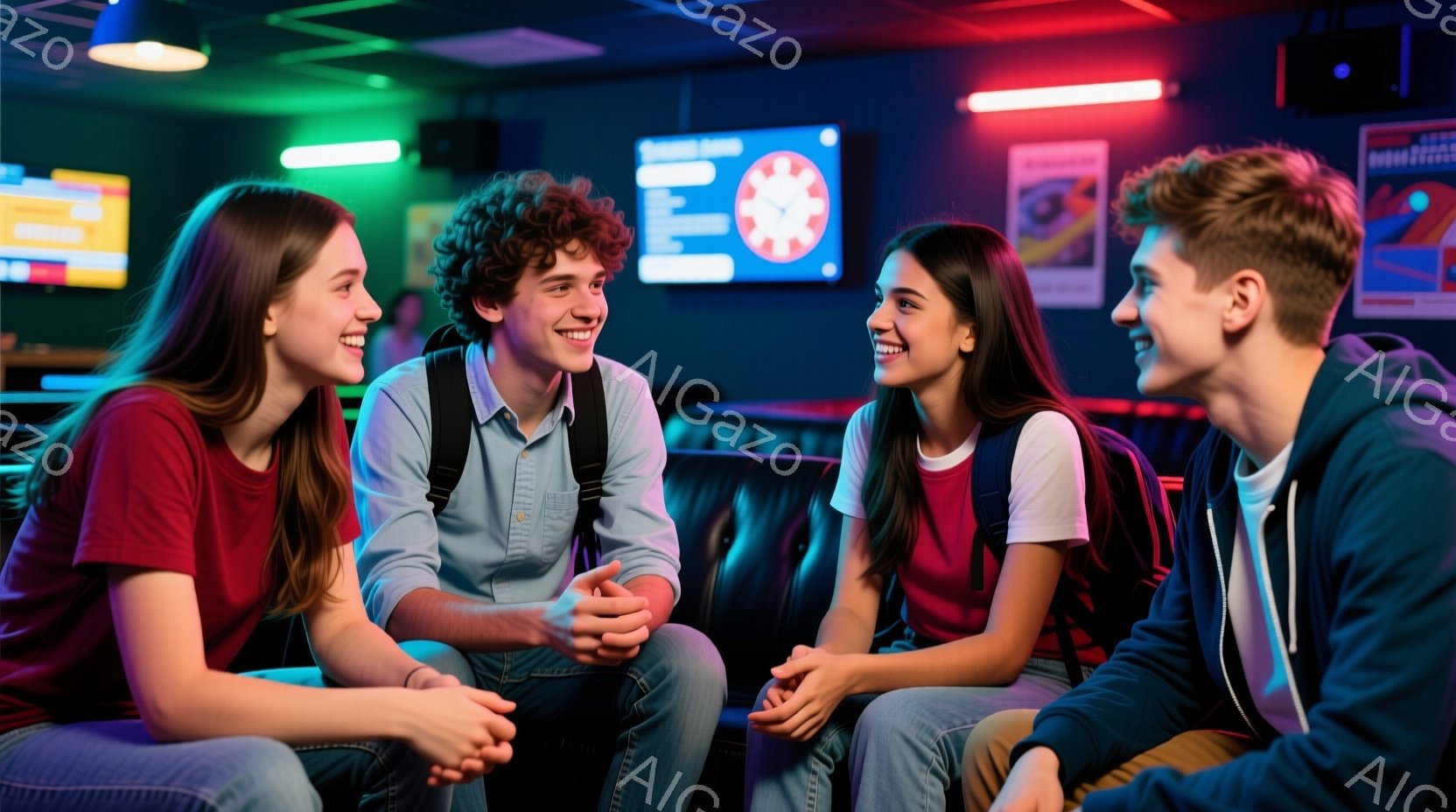 4人の若い男女が、暗い背景のソファに座って楽しそうに笑っています。彼らはカジュアルな服装で、赤いTシャツ、白いTシャツ、ジーンズ、パーカーを着ており、それぞれ異なる髪型をしています。背後には、ゲームに関連する画像が映し出されたテレビがいくつかあり、活気のあるゲームセンターの雰囲気が漂っています。