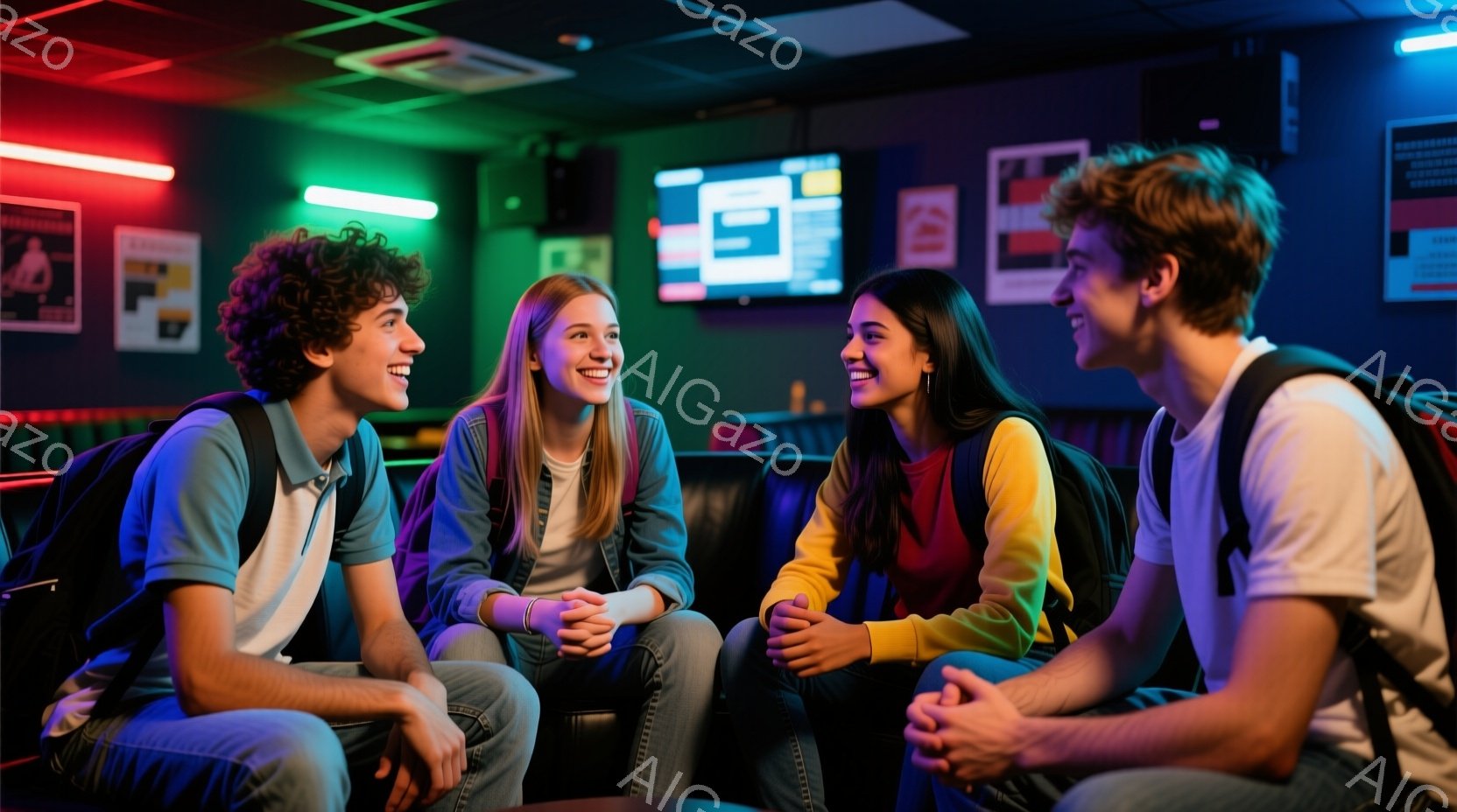 4人の若者が、薄暗い部屋でリラックスした雰囲気で座って会話を楽しんでいます。彼らは皆、リュックサックを背負っており、カジュアルな服装で、それぞれの表情は笑顔で明るいです。背景にはポスターが貼られ、薄暗い照明とネオンライトが、賑やかで現代的な雰囲気を醸し出しています。