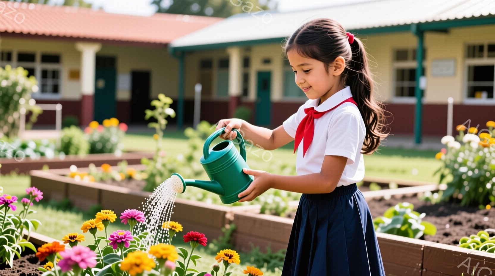 茶髪をポニーテールにした少女が、花壇に水をやっています。白いシャツに紺色のスカート、赤いリボンが可愛らしい制服を着ており、真剣な表情で植物に水を与えています。背景には木製の花壇と緑の芝生、そしてクリーム色の建物が見え、晴れた日の穏やかな雰囲気が感じられます。