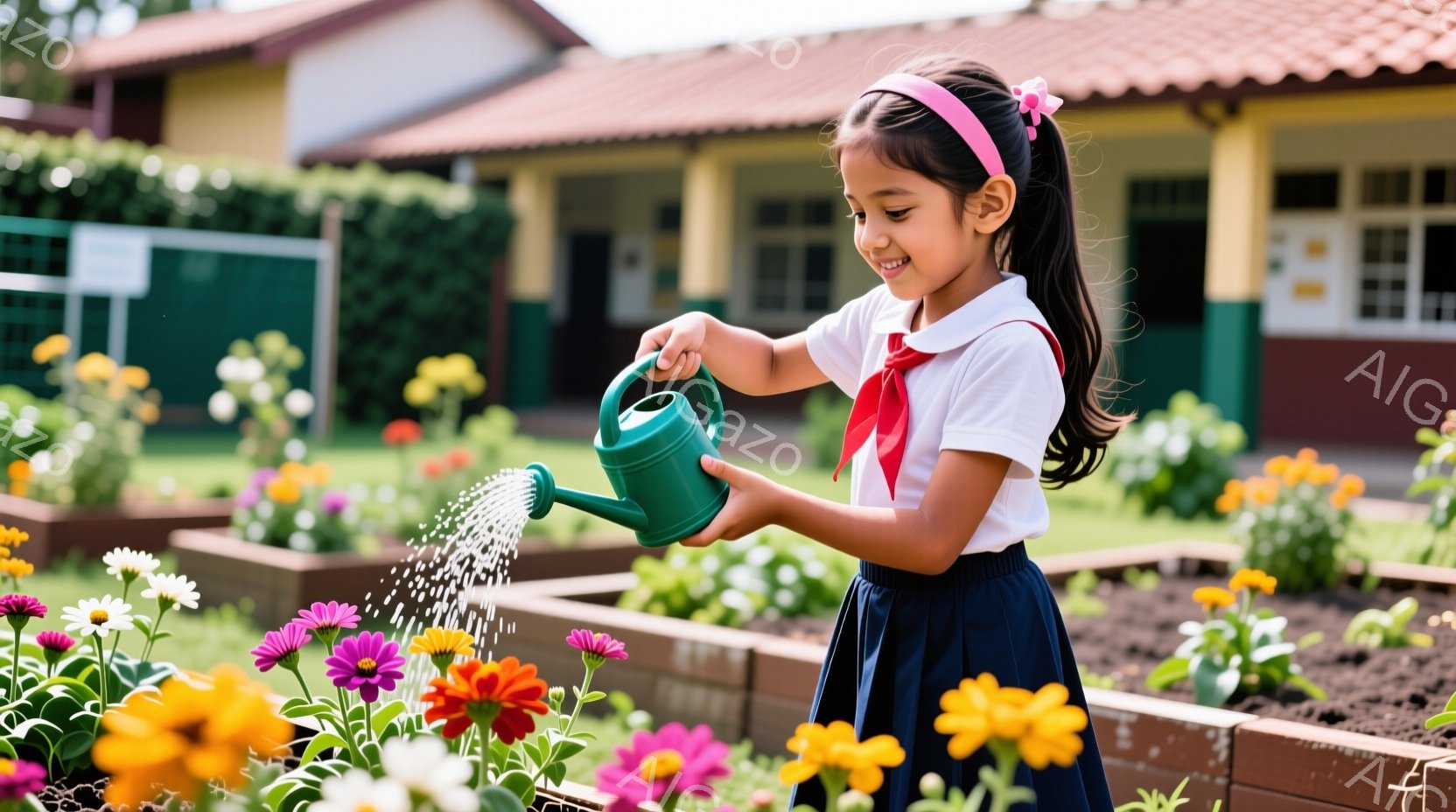 少女は花壇でジョウロを使って花に水をやっています。彼女は白いブラウスと紺色のスカートを着ており、ピンク色のヘアバンドで髪を結んでいます。背景にはレンガ造りの建物と緑豊かな植物が見え、晴れた日の穏やかな雰囲気が漂っています。