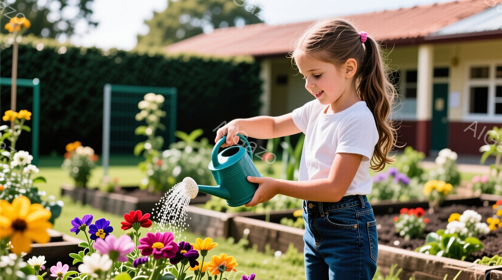 明るい日差しの下、少女が花壇に水をやっています。白いTシャツとデニムのズボンを着ており、髪はポニーテールに結ばれています。彼女は花に微笑みながら、青いジョウロを手に、丁寧に水をやっています。 - AI生成フリー素材