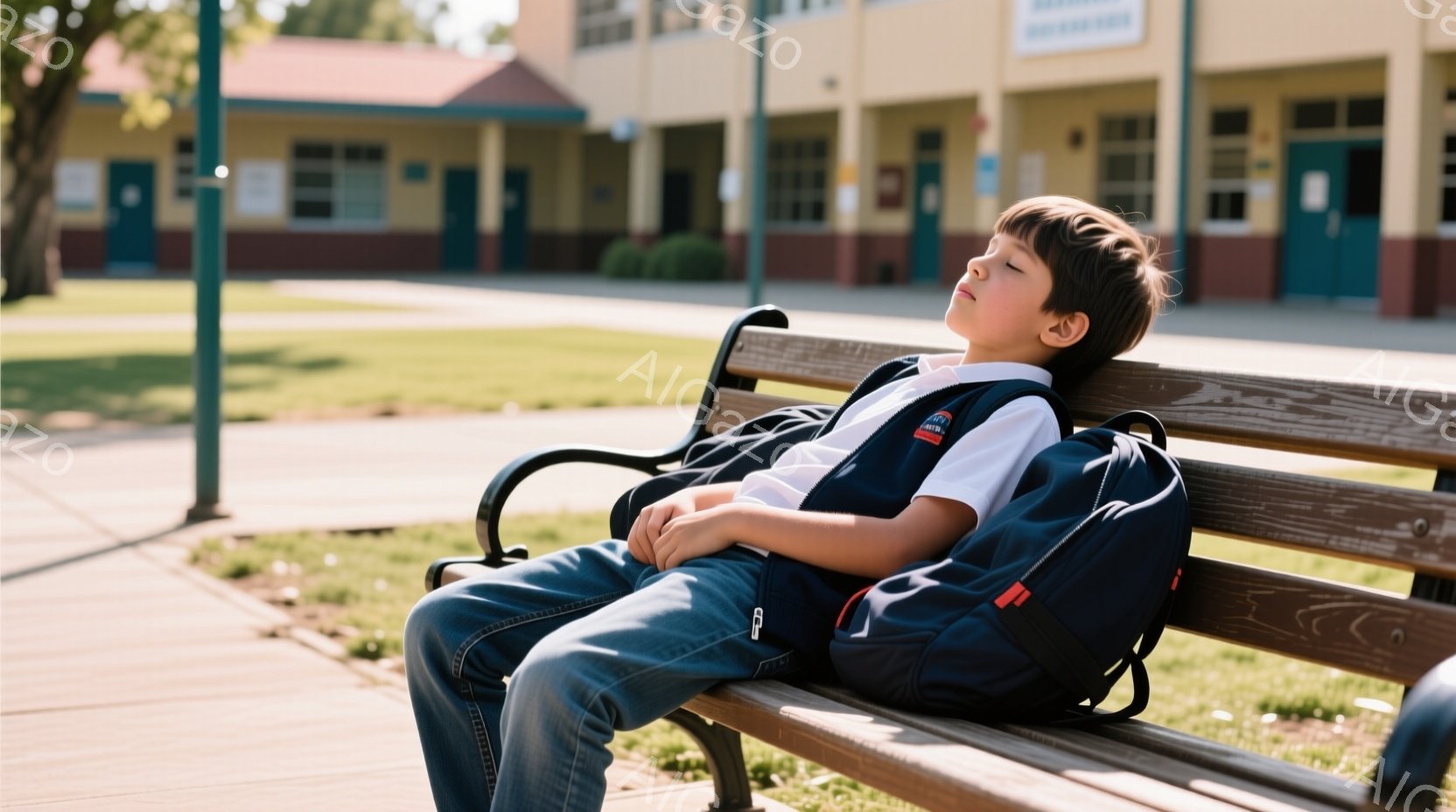 見た目の若い少年は、学校のベンチに座って目を閉じています。彼は水色の襟付きのシャツ、ジーンズ、そして背中に大きなリュックサックを背負っており、疲れたような表情をしています。背景にはレンガ造りの建物と緑 - AI生成フリー素材