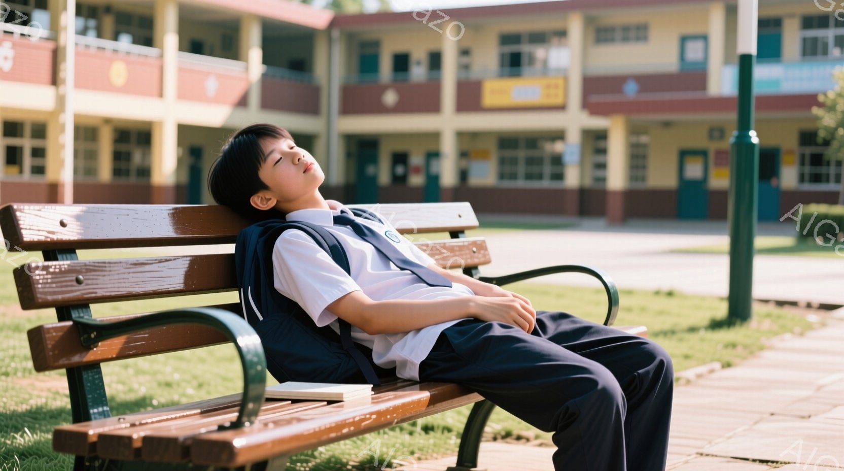 制服を着た少年が公園のベンチに座って眠っています。彼は青いシャツに紺色のズボンを着用し、髪は短く整えられています。背景にはレンガ造りの建物と緑の芝生があり、晴れた日の穏やかな雰囲気が感じられます。 - AI生成フリー素材