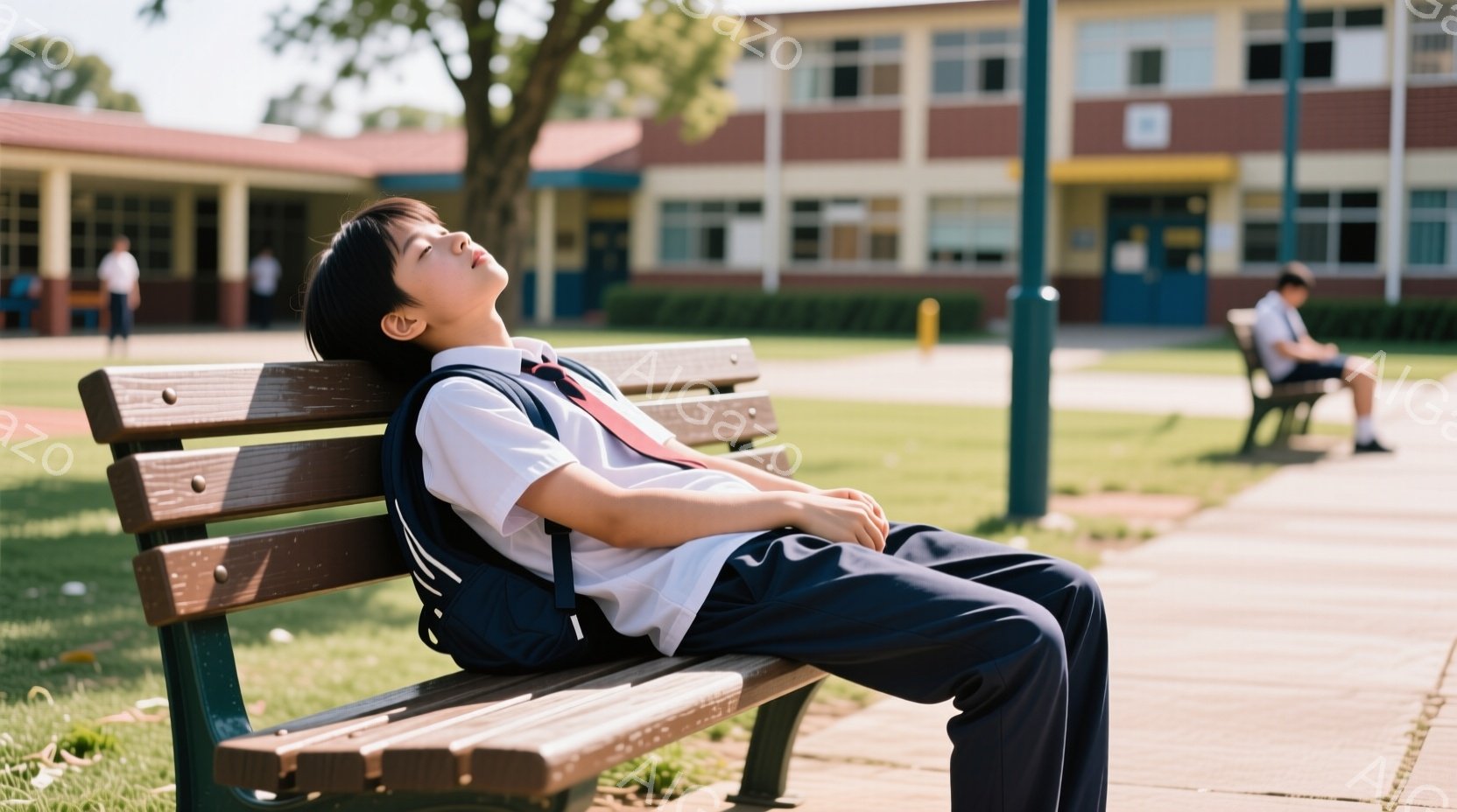制服を着た少年が公園のベンチに座って目を閉じています。彼は紺色のズボン、白いシャツ、赤いネクタイ、そして肩掛けのリュックサックを身につけており、疲れた様子でリラックスしています。背景には、煉瓦造りの建 - AI生成フリー素材