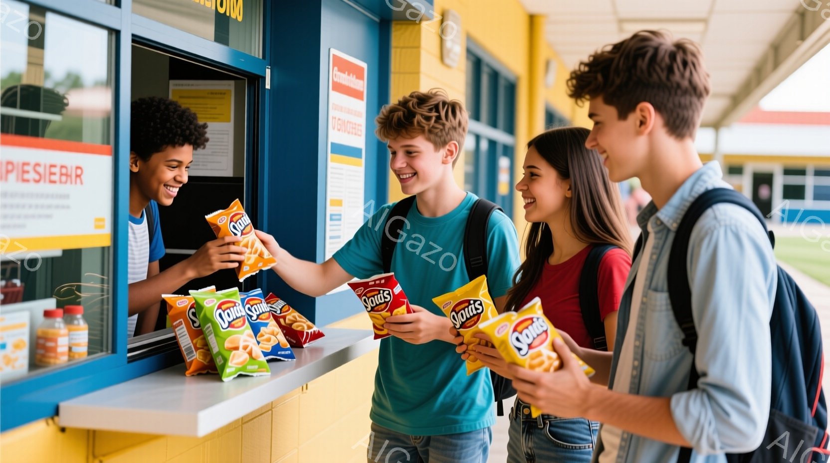 若者が窓口からポテトチップスを受け取っている様子が写っています。窓口の担当者は笑顔でポテトチップスを差し出し、受け取る若者たちもまた、期待に満ちた表情でそれを受け取っています。背景には建物が見え、晴天の下、快活な雰囲気の光景です。