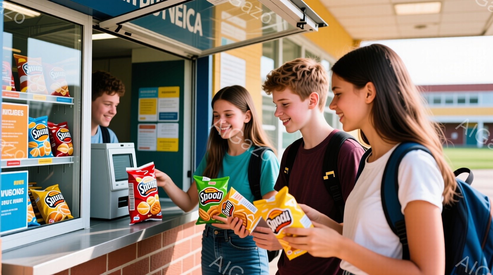 三人の十代の若者が、学校の売店の前に立っています。一人の少女は緑色のTシャツとジーンズを着て微笑んでおり、別の少女は茶色のシャツを着ています。少年は黒いTシャツを着ており、皆、スナック菓子「Spud」の大きな袋を持っています。