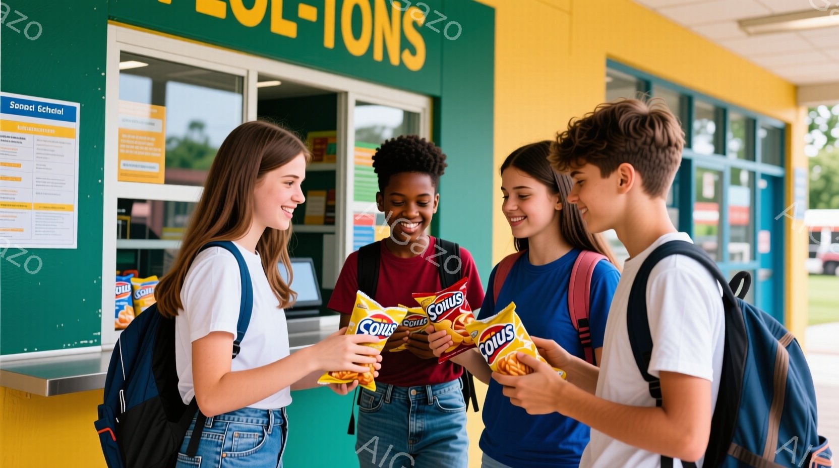 三人の十代の若者が、学校と思われる場所でスナック菓子を手に楽しそうに話しています。女性は長い茶色の髪で、デニムのショートパンツと白いTシャツを着ています。男性は紺色のTシャツを着て、背中にバックパックを背負っており、皆、笑顔でリラックスした雰囲気です。