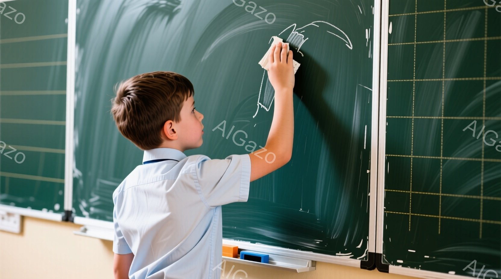 少年が黒板の前でチョークを拭いています。彼は白いシャツを着ており、短く刈り込んだ髪をしています。背景には、壁に取り付けられた黒板とわずかな部屋の一部が見え、教室のような雰囲気です。 - AI生成フリー素材