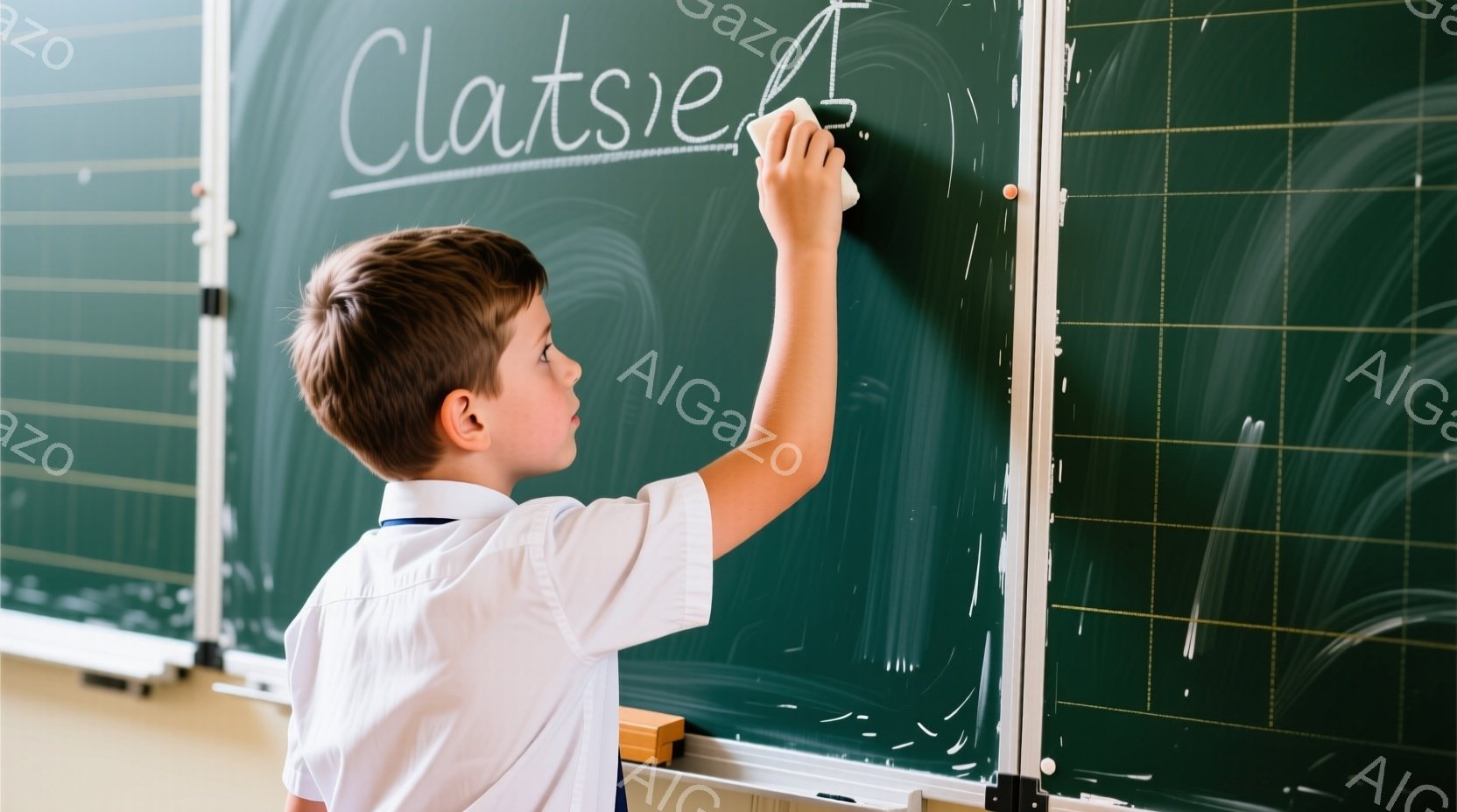 茶髪の少年が黒板の前でチョークで何かを書いています。彼は白いシャツと紺色のズボンを着用しており、真剣な表情で筆跡が残る黒板に集中しています。背景は教室の壁で、床は明るい色調です。 - AI生成フリー素材