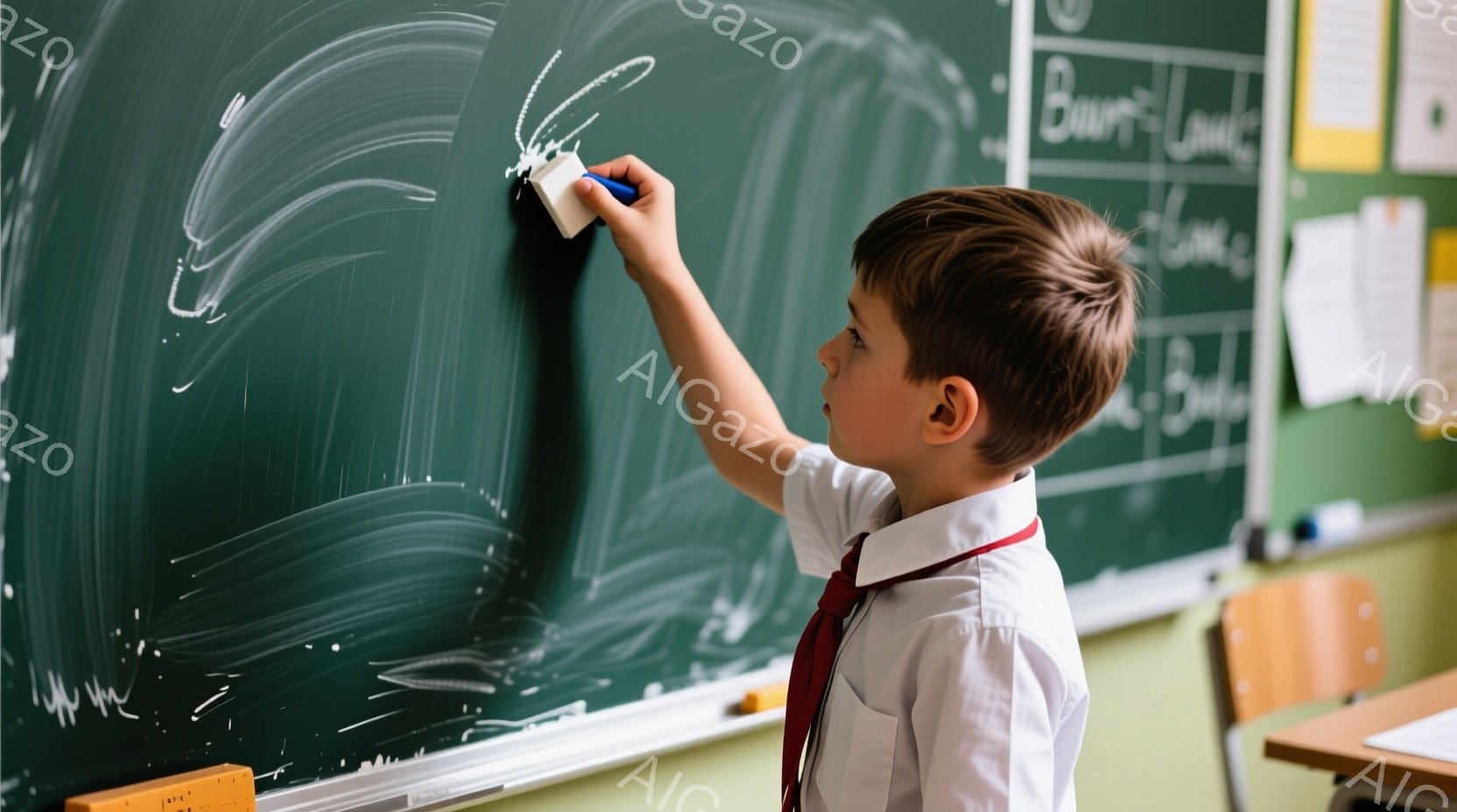 茶色の髪の少年が、緑色の黒板を消しゴムで拭いています。彼は白いシャツに赤いネクタイ、制服のような服装をしており、集中した表情で腕を高く上げています。教室の背景には机や椅子が見え、教育的な雰囲気が漂って - AI生成フリー素材
