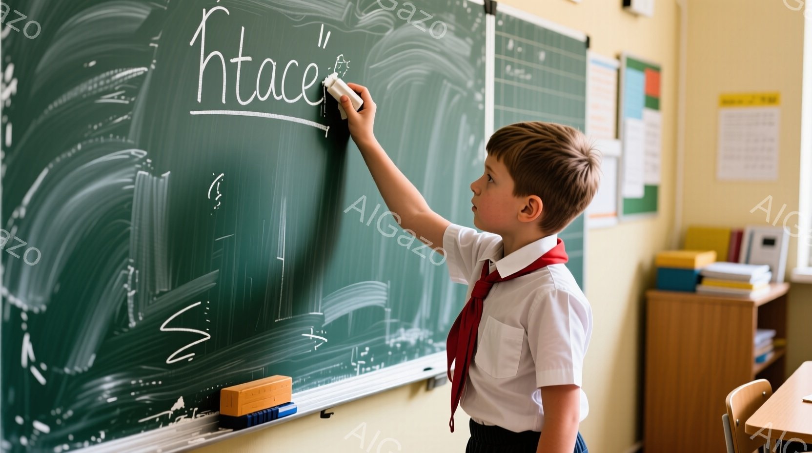 男の子が黒板の前でチョークを使って何かを書いている。彼は白いシャツに赤いネクタイとズボンを着用し、短く刈り込んだ髪をしている。教室の背景には、本棚や机、カレンダーが見え、学習に集中した静かな雰囲気が漂っている。