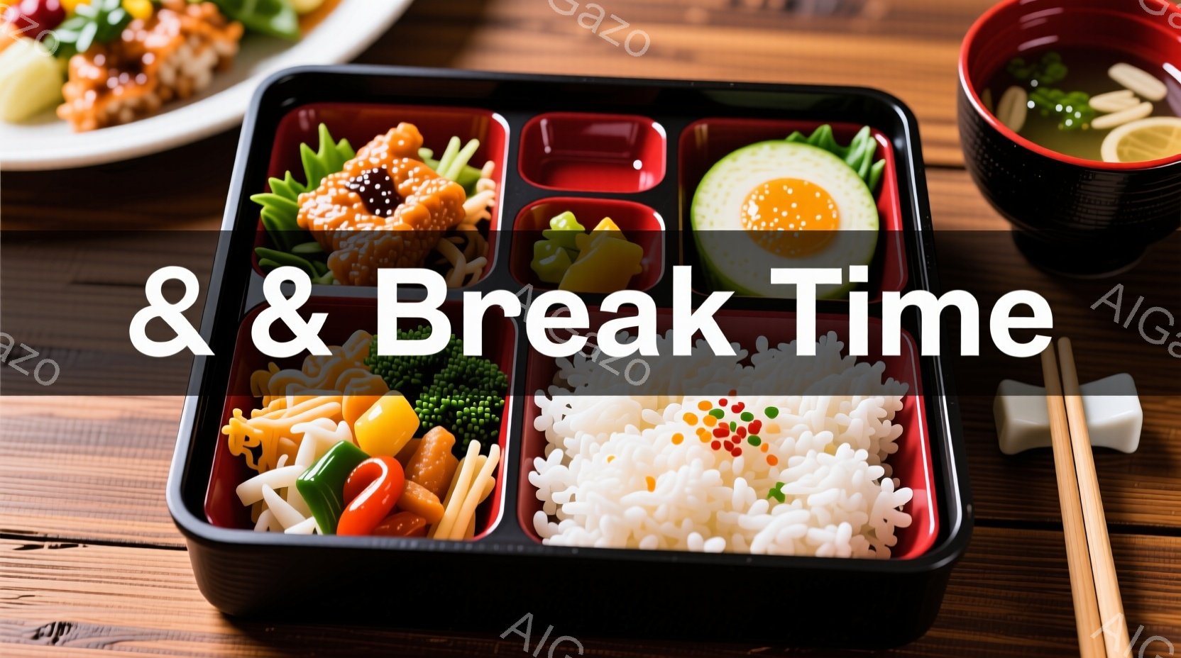 弁当箱の中には、白米、唐揚げ、ブロッコリー、卵焼き、人参、ピーマンなどのおかずが彩りよく詰まっています。箸と箸置きが添えられ、その隣には味噌汁の入った茶碗が見えます。木目調のテーブルに置かれた弁当は、手作り感があり、食欲をそそる温かい雰囲気です。