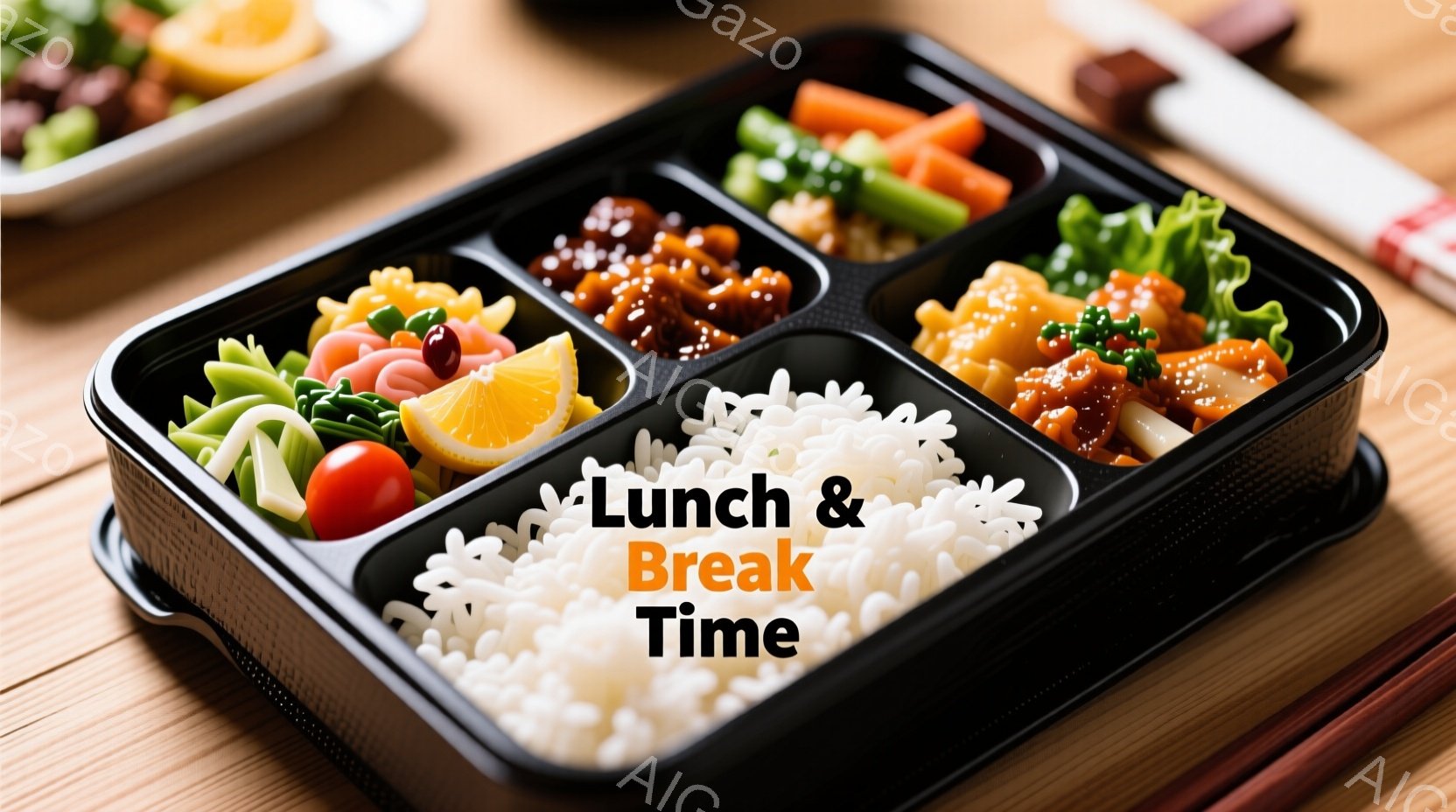 黒い弁当箱の中に、白米、照り焼きチキン、ほうれん草のおひたし、人参、ブロッコリー、そしてミニトマトがバランス良く詰められています。お弁当の横には、レモンと何か赤い野菜が盛り付けられた小さな皿が見えます。木製のテーブルの上に置かれたお弁当は、手作りの温かい食事が用意されている家庭的な雰囲気を感じさせます。