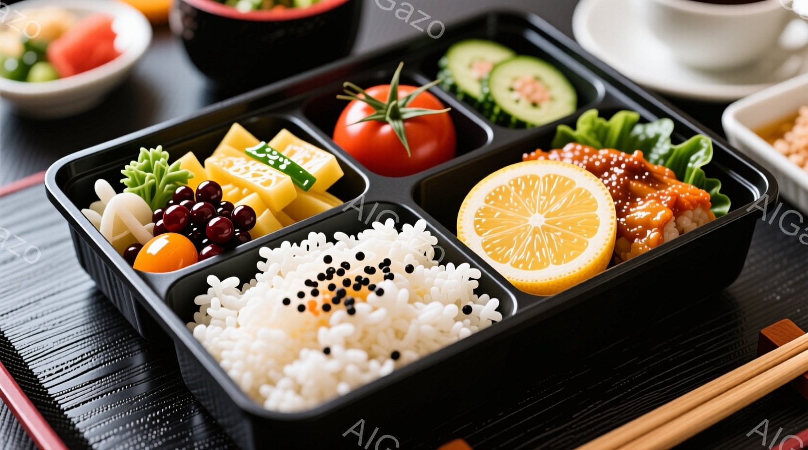 黒い弁当箱の中に、様々な色とりどりの食材が詰め込まれています。白米には黒ごまが散らされ、トマト、オレンジのスライス、緑色の野菜、そして照り焼きのような魚が並んでいます。背景には、別の料理の入った器や箸が見え、全体的に色彩豊かで食欲をそそる印象を与えます。