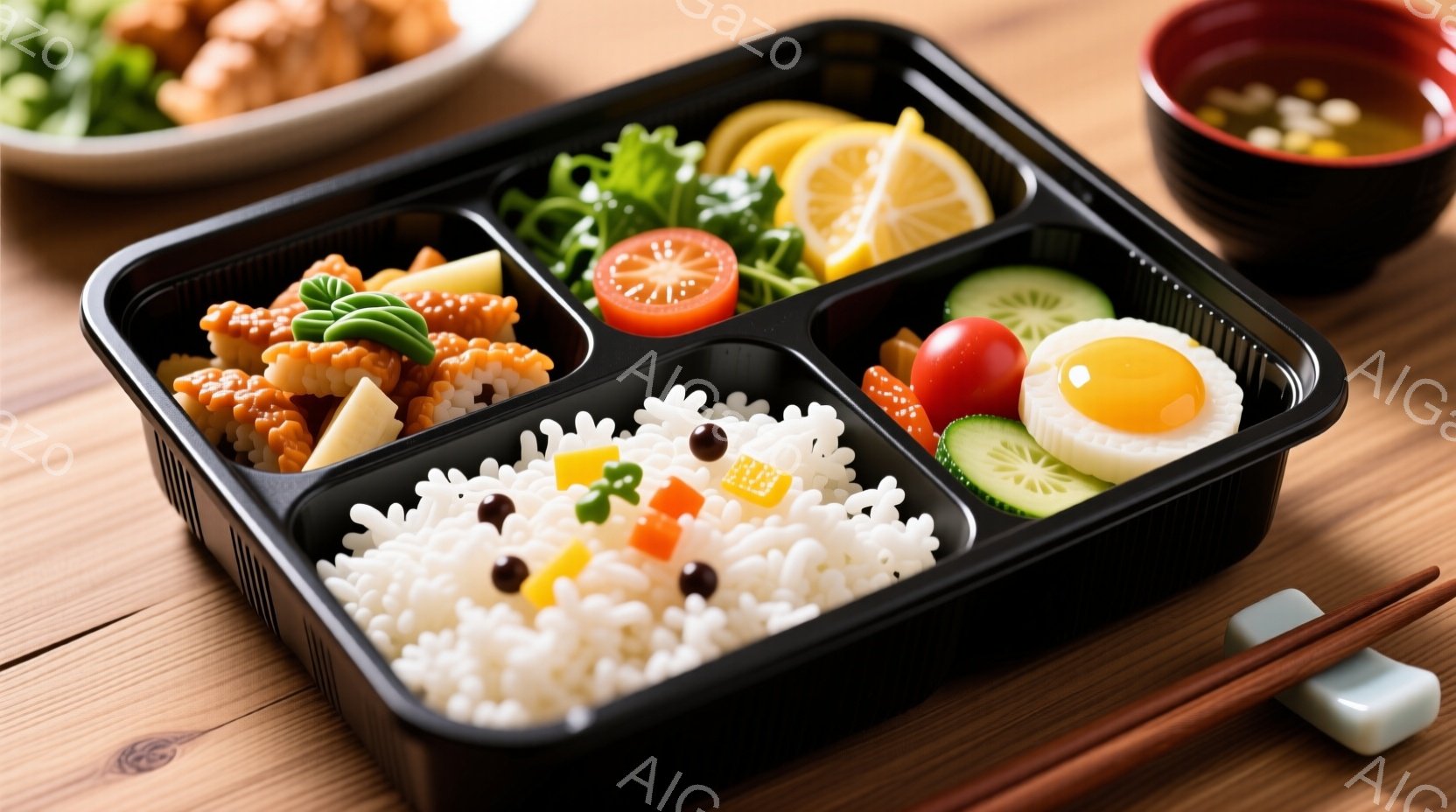 黒い弁当箱の中に、白米に小さな色とりどりの具材が混ぜ込まれたご飯、照り焼きチキン、ミニトマト、きゅうり、卵焼きがバランスよく詰められています。木製のテーブルの上に置かれ、茶色の箸が添えられています。全体的に明るく、手作りの温かさを感じさせる、美味しそうな弁当の様子が伺えます。