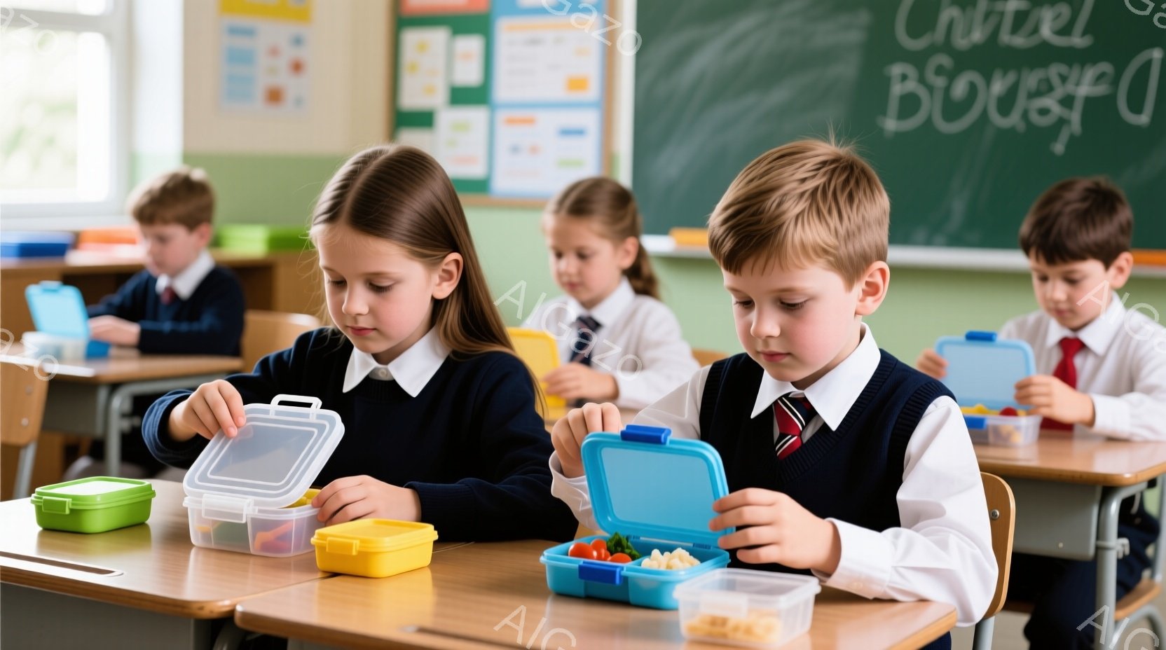 教室で、制服を着た子どもたちが昼食をとっています。男の子は青い弁当箱を開けて中身を確認し、女の子はオレンジ色の弁当箱から食べ物を取り出そうとしています。背景には他の生徒や机、そしてカラフルな掲示板が見え、明るく活気のある雰囲気です。