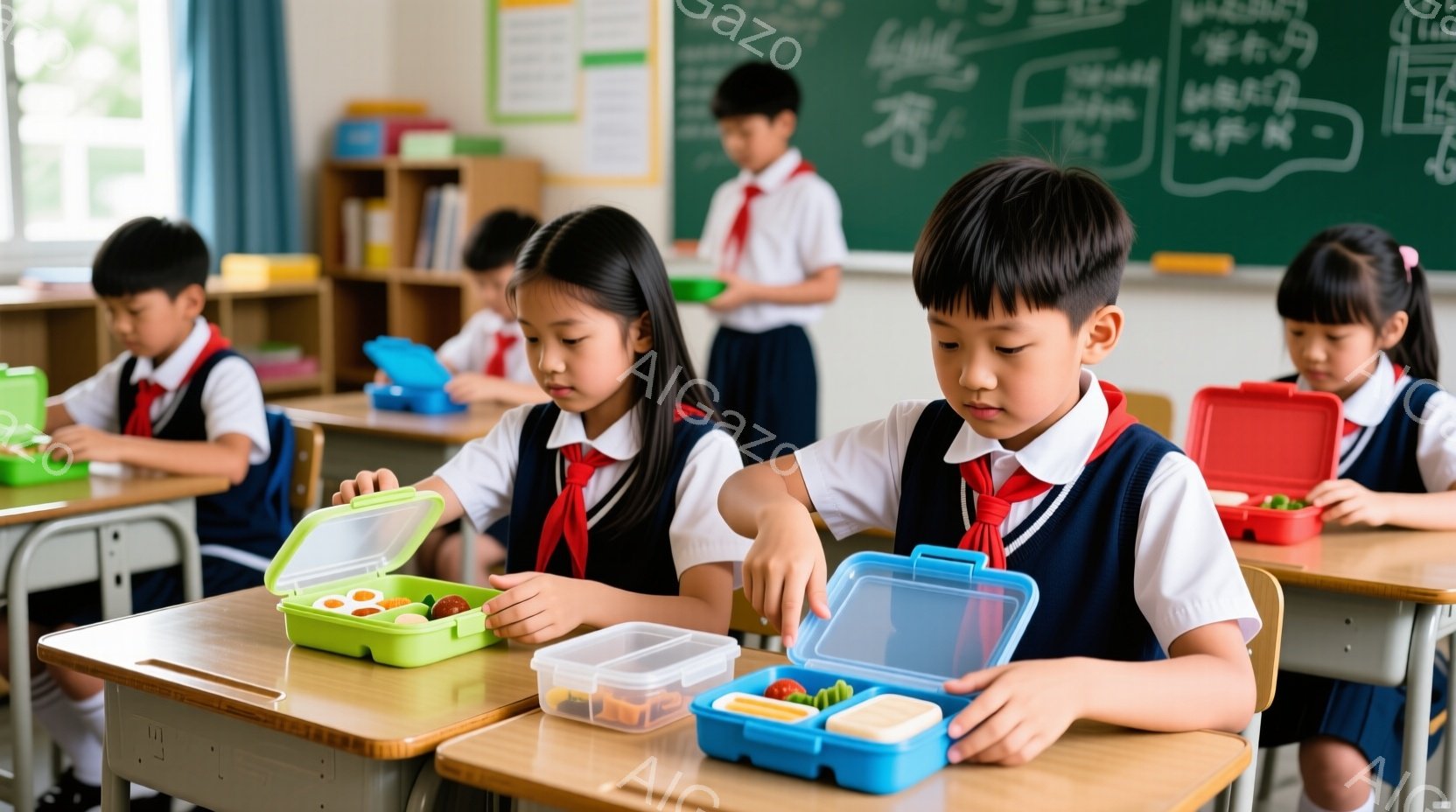 教室で給食の時間です。小学生の子供たちは制服を着て、お弁当箱から食べ物を取り出そうとしています。背景には黒板と棚があり、明るく清潔な雰囲気です。