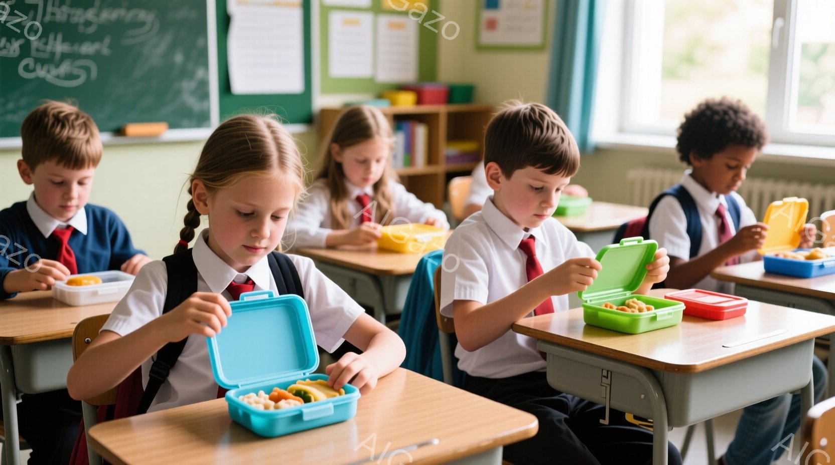 教室の中で、小学生の子供たちがランチボックスを開けて食事をしている様子が描かれています。子供たちは制服を着ており、それぞれが真剣な表情で自分のランチに集中しています。背景には黒板があり、カラフルなラン - AI生成フリー素材