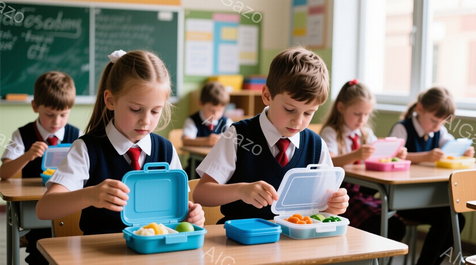 教室で、制服を着た小学生たちがランチボックスを開けている様子が描かれている。子供たちは真剣な表情で、それぞれの弁当の中身を確認しているようだ。背景には木製の机と椅子が並び、黒板には文字が書かれているが、全体的に明るく、落ち着いた雰囲気である。