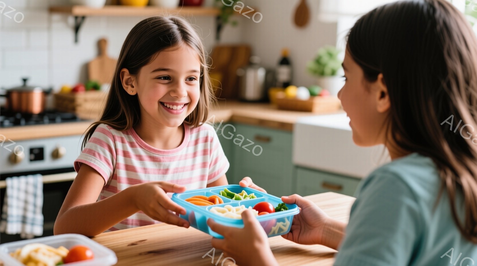 少女はピンクと白のストライプのシャツを着て、満面の笑みを浮かべています。彼女は、青い仕切りのあるランチボックスを誰かに差し出そうとしています。背景には、緑色のキャビネットと調理器具のあるキッチンがあり - AI生成フリー素材