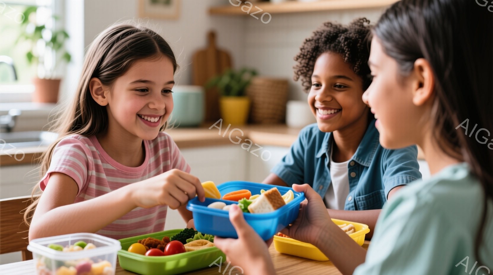 幼い女の子二人が、それぞれのお弁当箱から野菜やサンドイッチを取り分けて楽しんでいる様子が写っています。女の子たちは皆笑顔で、片方の女の子はピンク色のストライプのシャツを着ており、もう片方の女の子は青いシャツを着ています。背景にはキッチンの一部が見え、木製のカウンターと植物が置かれ、温かく家庭的な雰囲気が漂っています。