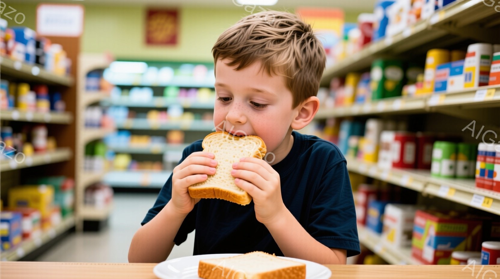 若い少年がサンドイッチを食べています。彼は濃い青色のTシャツを着ており、茶色の髪は少し乱れています。背景には、医薬品や日用品が並んだ棚があり、明るいスーパーマーケット内の様子がわかります。