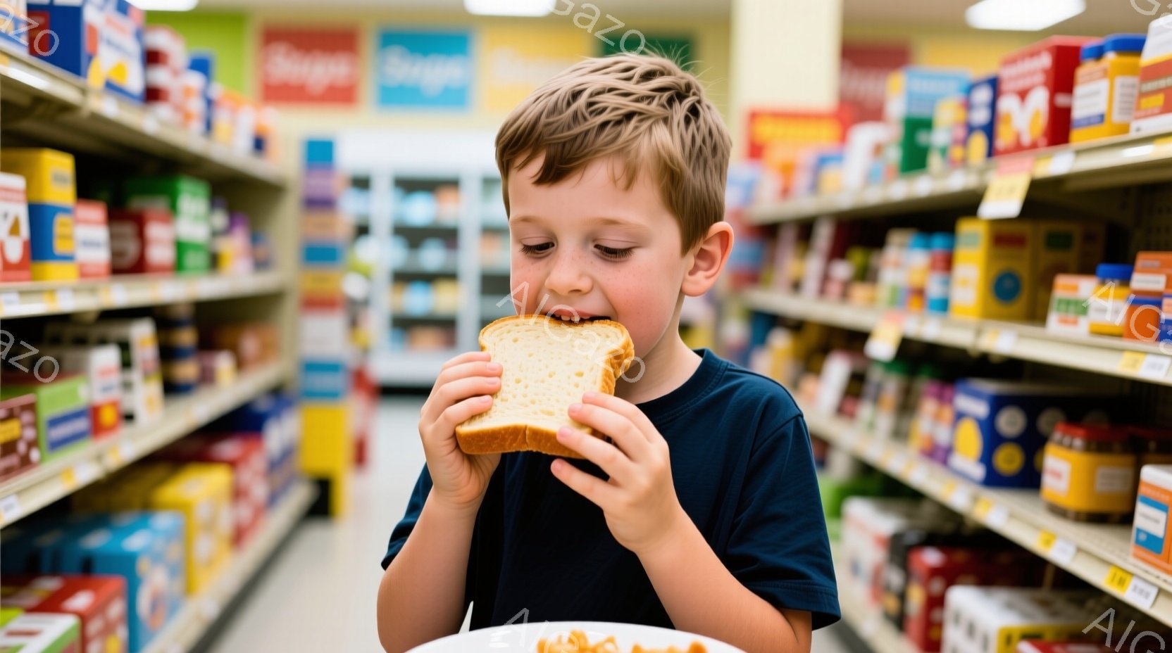茶髪の少年が、スーパーマーケットの棚の前でパンをかじっています。青いTシャツを着ており、少し不機嫌そうな表情をしています。背景には様々な食料品が並んだ棚が続き、店内は明るく清潔な印象です。