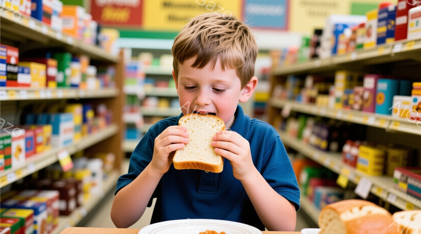 金髪の少年がサンドイッチを食べている様子が写っています。青いポロシャツを着ており、集中した表情でサンドイッチにかぶりついています。背景には食料品店の商品棚が並び、日常的な昼食風景が描かれています。