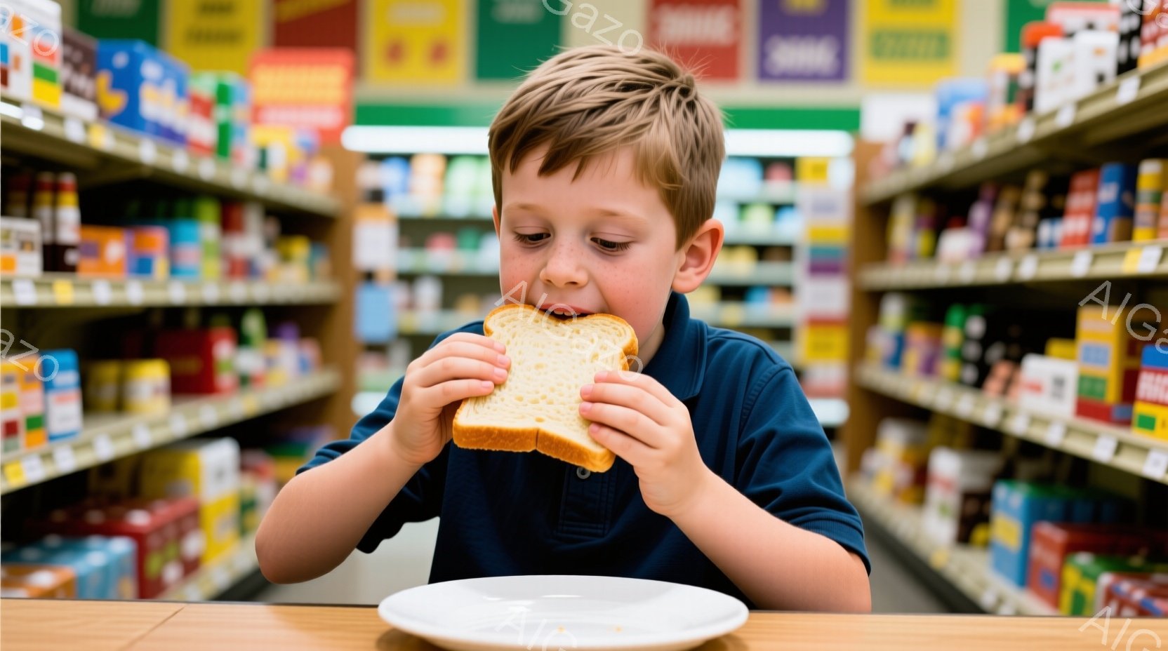 茶髪の少年がサンドイッチを食べている様子が写っている。濃い青色のシャツを着ており、少し口を開けてサンドイッチにかぶりついている表情は真剣だ。背景には商品が並んだ棚が並び、食料品店のような場所で撮影されている様子が伺える。