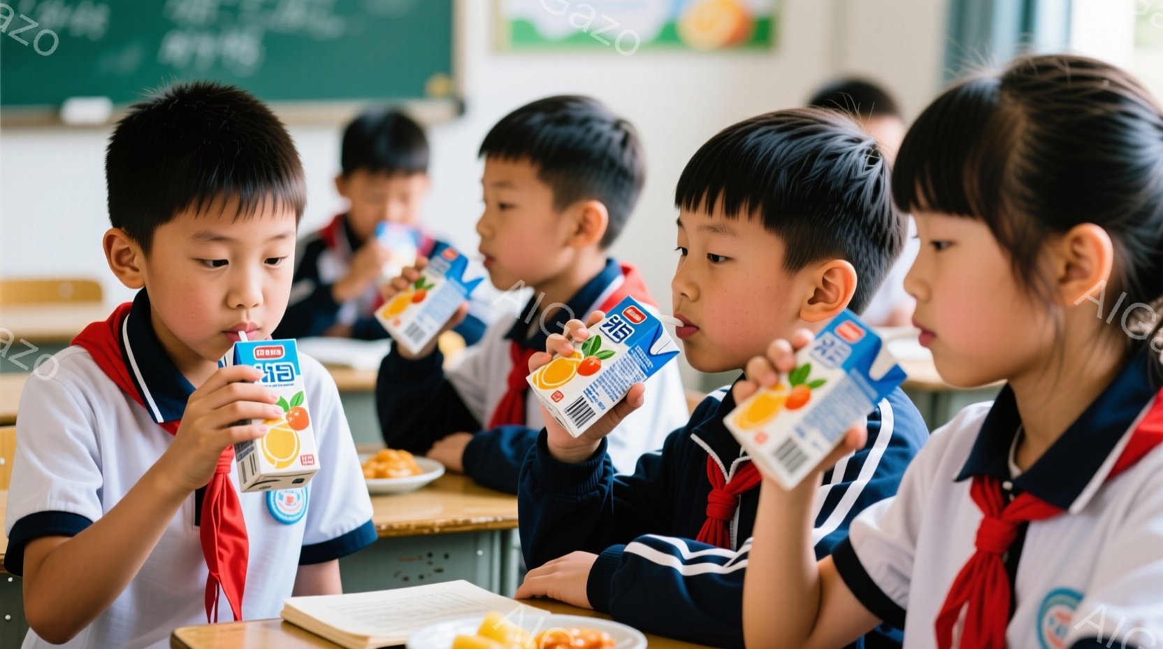 教室の席に座っている小学生たちが、オレンジジュースのパックを手にしている様子が写っている。子供たちは皆、白いシャツにネクタイ、セーターベスト、ズボンまたはスカートという制服を着ており、黒髪の短い髪型を - AI生成フリー素材