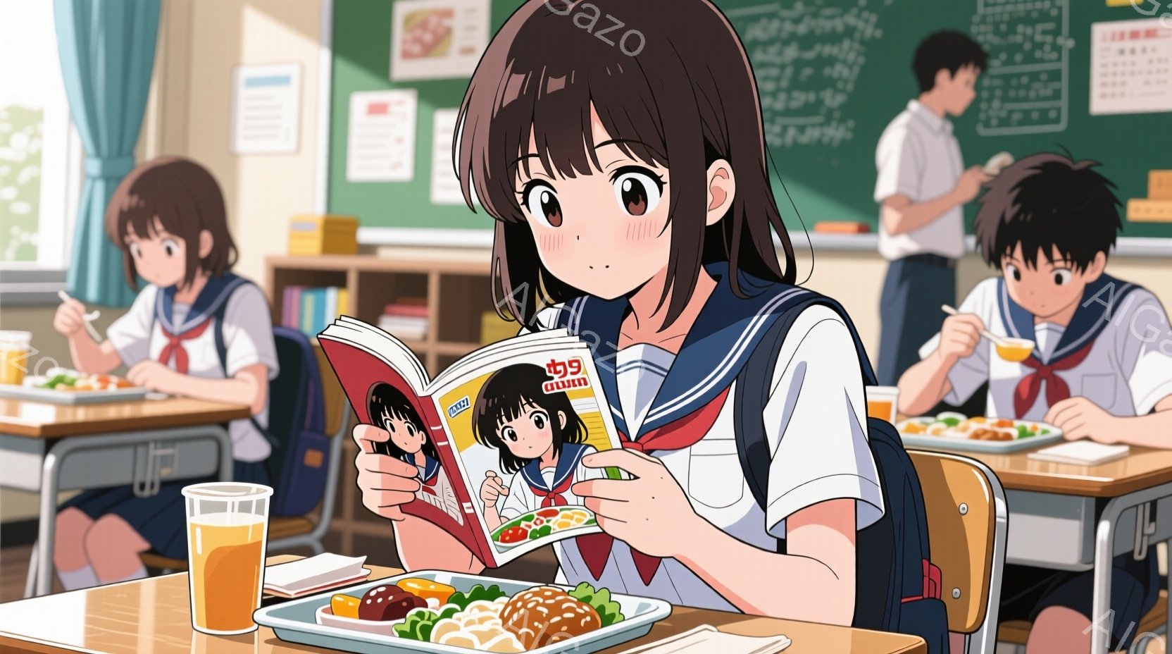 教室の様子で、一人の女子学生が教科書を熱心に読んでいる。彼女は短い黒髪で、セーラー服を着ており、真剣な表情で本に集中している。テーブルの上には昼食の弁当と飲み物があり、教室の背景には他の生徒や黒板が見える、明るく活気のある雰囲気だ。