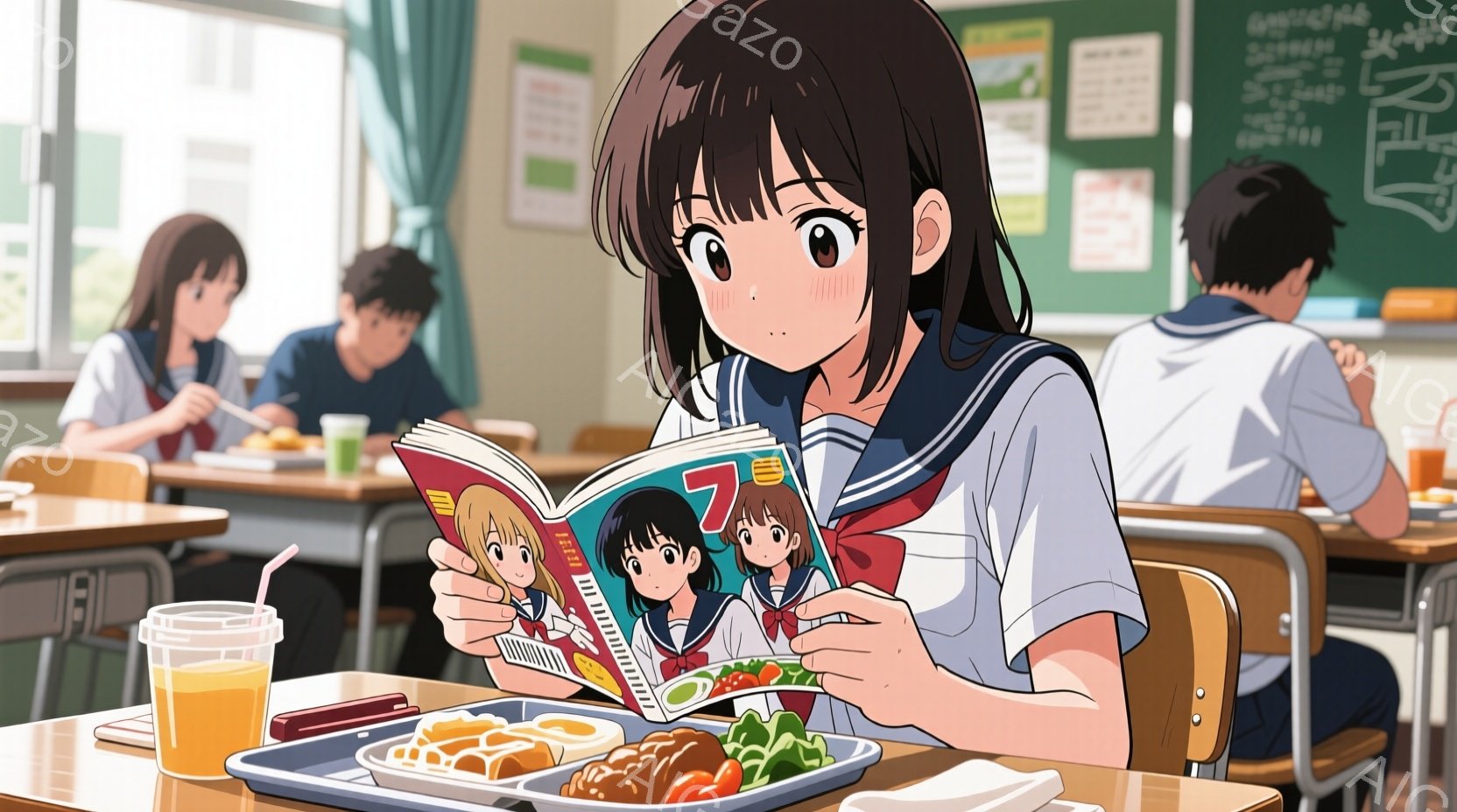 教室で昼食をとる女子高生を描いています。彼女はセーラー服を着ており、長い黒髪をしています。本に集中した表情で、机に置かれた昼食のプレート（唐揚げ、サラダ、ご飯）とオレンジジュースの入ったグラスの横で本を読んでいます。
