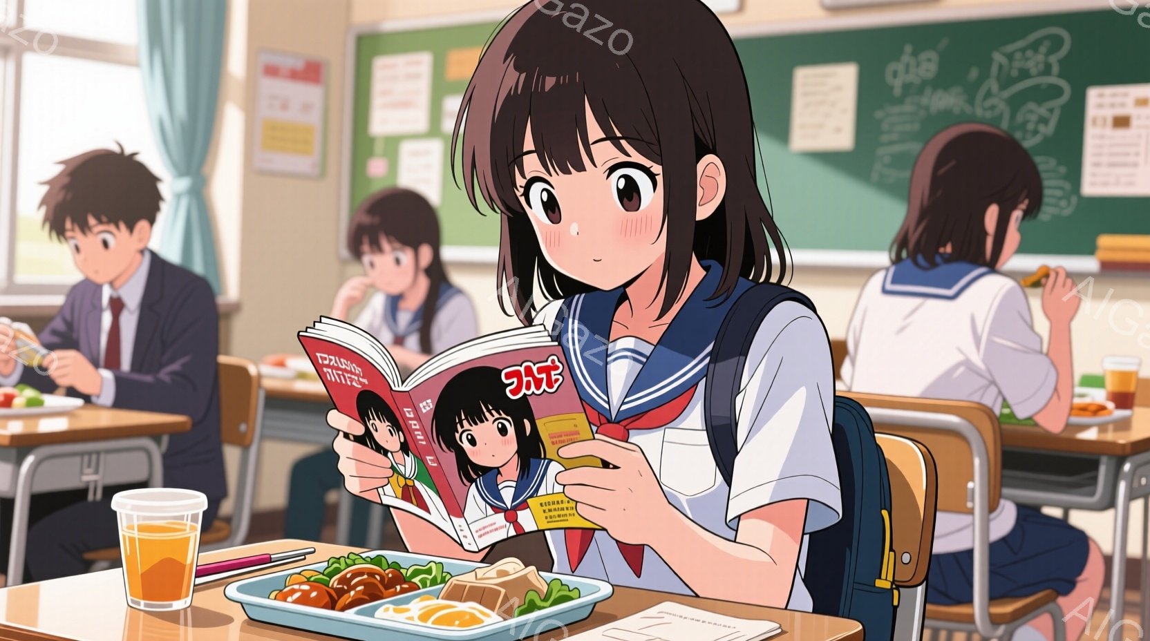 教室の様子を描いたイラストで、一人の女子生徒が授業中、漫画を熱心に読んでいる。彼女はロングヘアで、セーラー服を着ており、真剣な表情で漫画に集中している。背景には他の生徒や机、黒板があり、明るい日差しが差し込み、活気のある学校の雰囲気が感じられる。